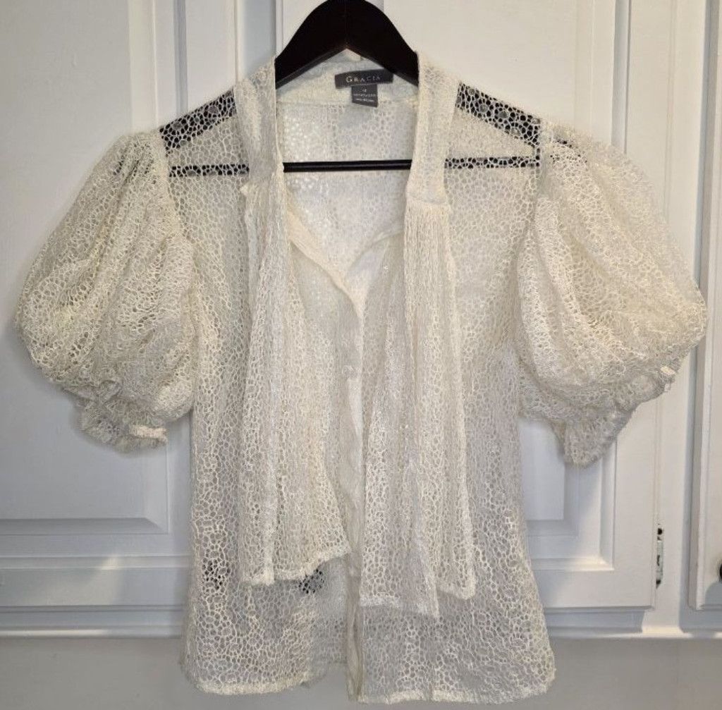 Pedro Garcia Gracia Sheer Lace Puff Sleeve Tie Neck Blouse Romantic Coque Size M / US 6-8 / IT 42-44 - 3 Thumbnail