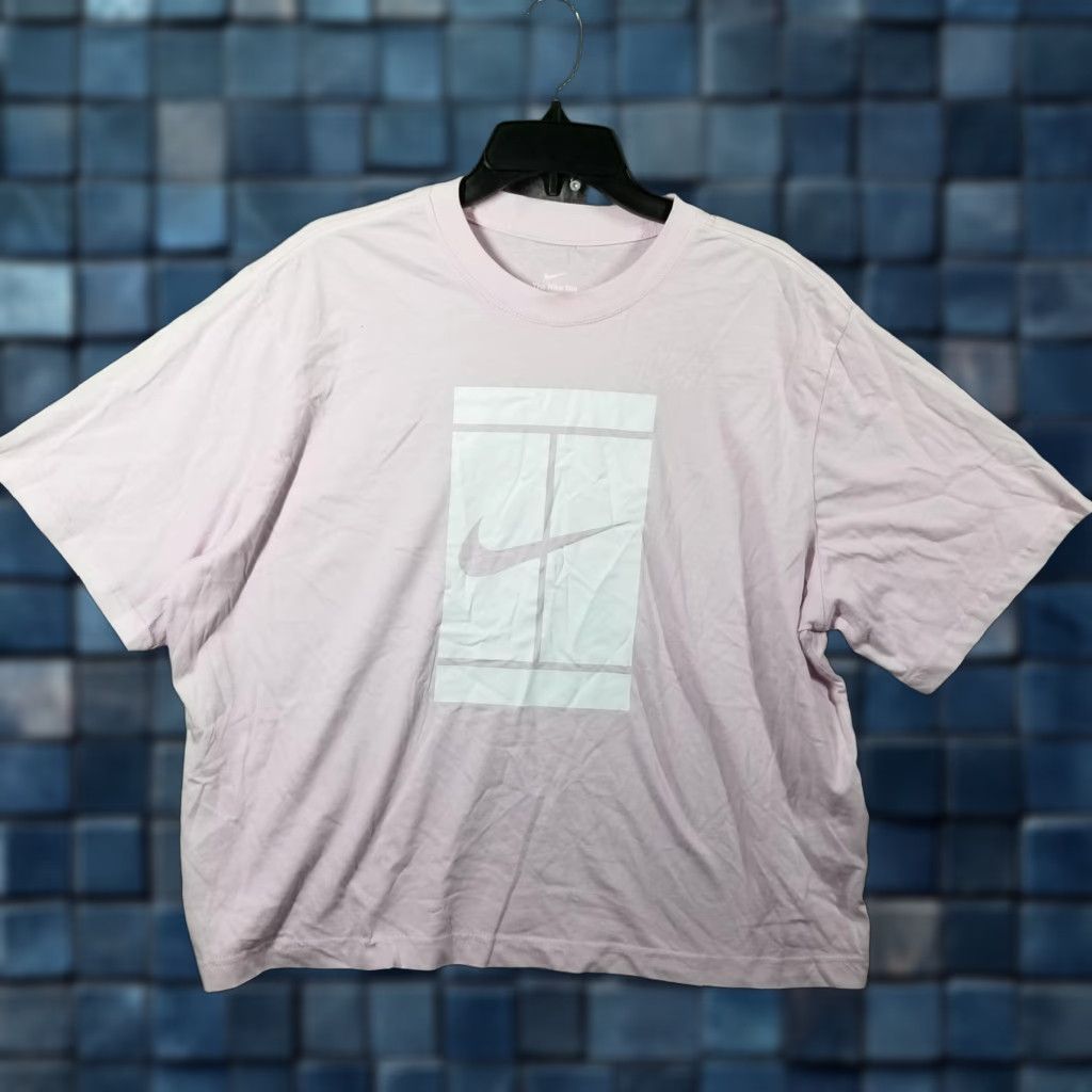 Nike Women's Large Loose Fit Pink Tennis Shirt Swoosh Graphic Tee Casual Sports
