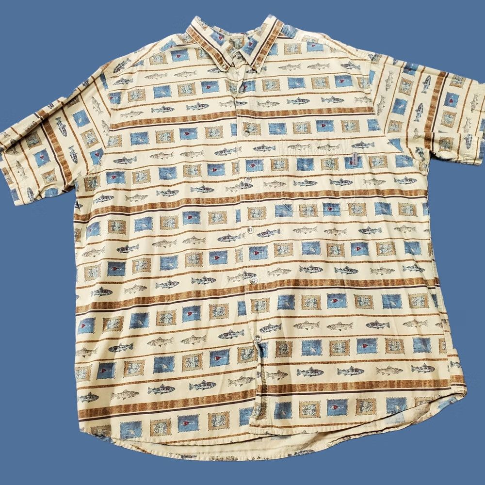 Vintage Woolrich Shirt Mens 2XL Beige Fish Lures All Over Print Fishing Short Sleeve Button-Up Collared Casual Outdoors Mens Size US XXL / EU 58 / 5 - 1 Thumbnail