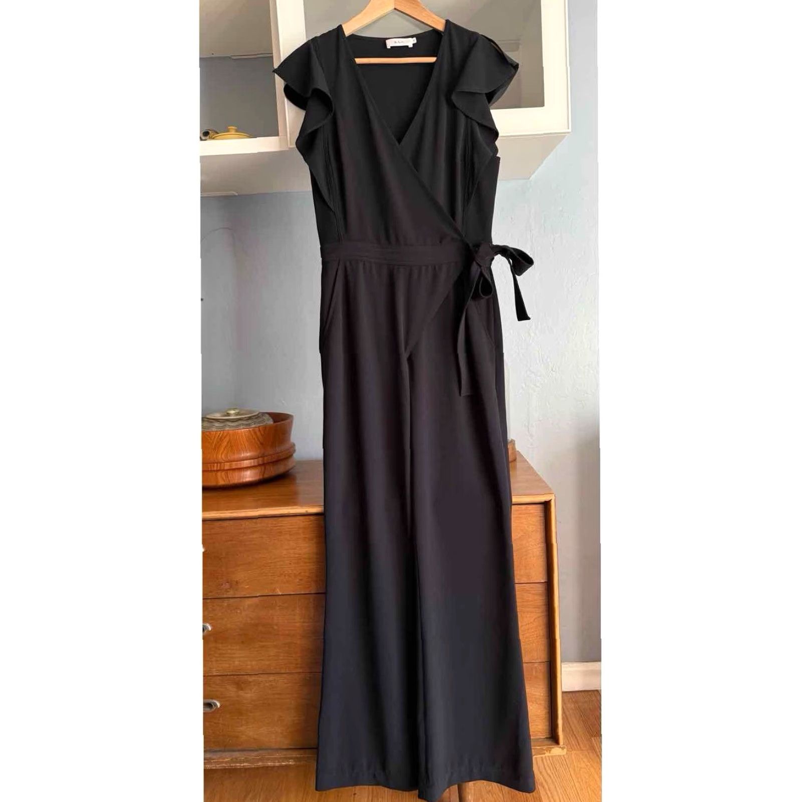 Vintage A.L.C. Wilder Jumpsuit Black Wrap Front Tie Waist Wide Leg Size 8 Ruffle Sleeves Party Cocktail Womens Size 30" / US 8 / IT 44 - 3 Thumbnail