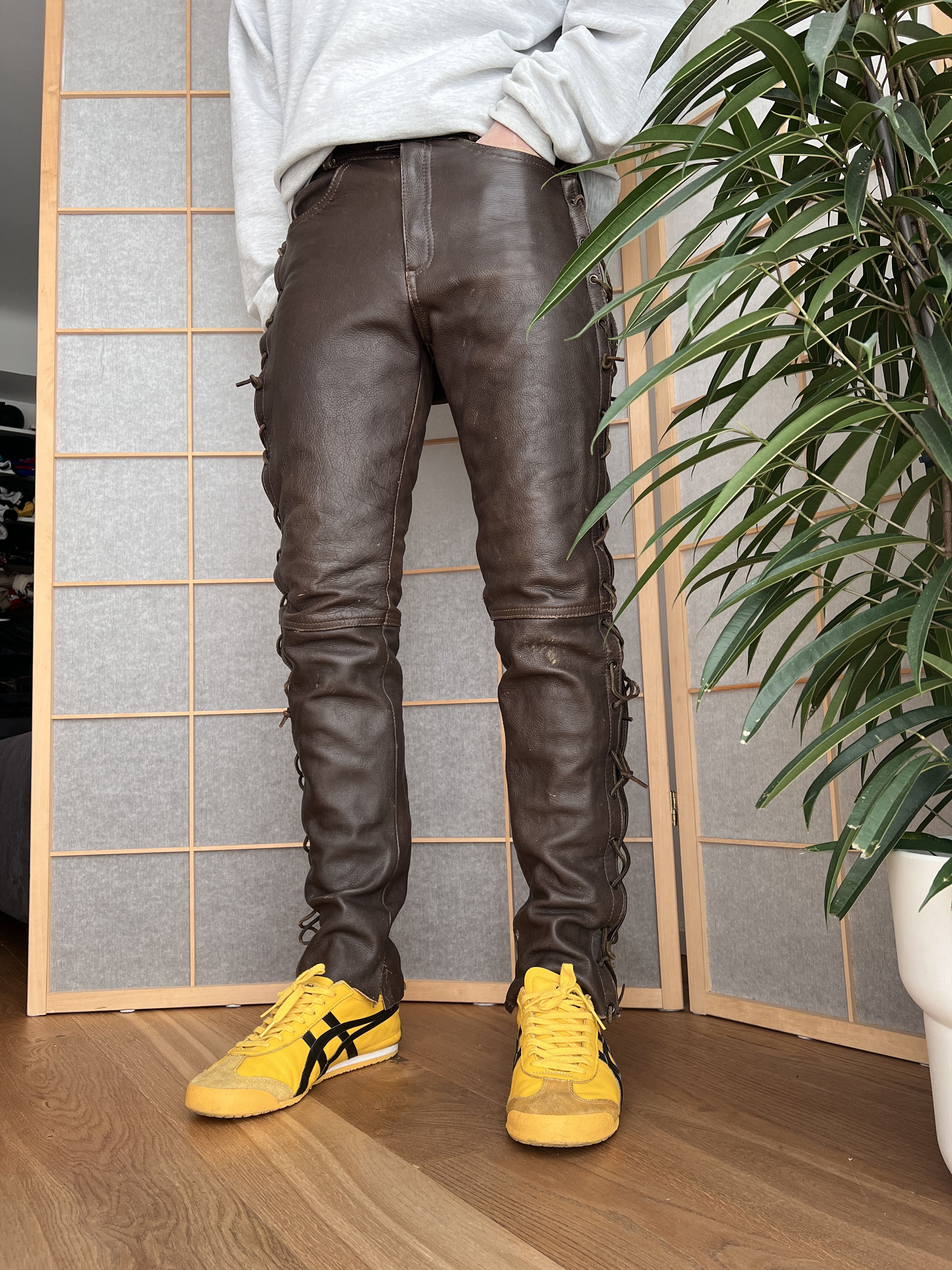 Genuine Leather Crazy! Cowboy core lace up leather pants opium avant garde S Size US 29 - 6 Thumbnail