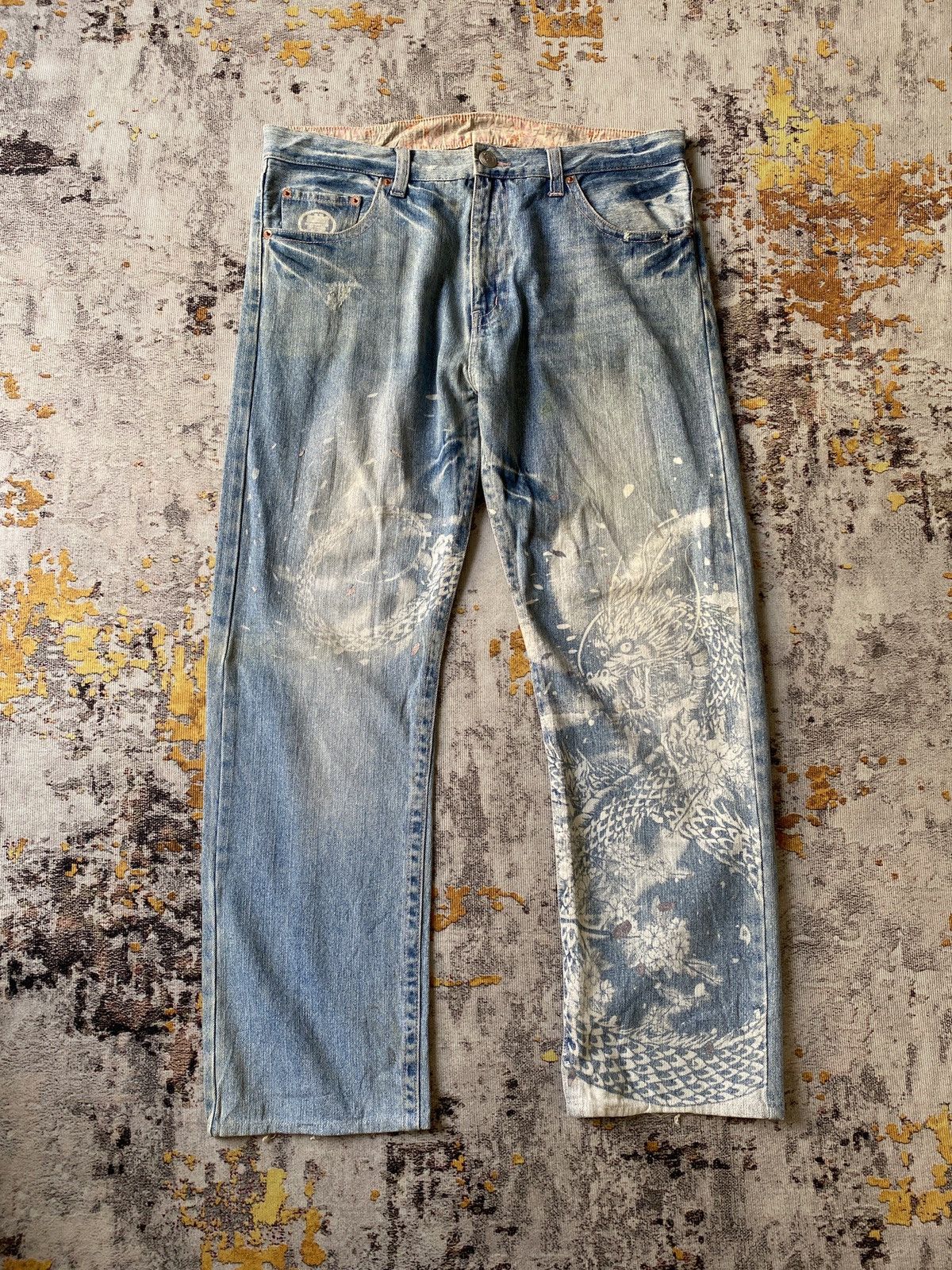 Japanese Brand Japanese Traditional Design Dragons Print Blue Faded Denim Size US 35 - 2 Thumbnail