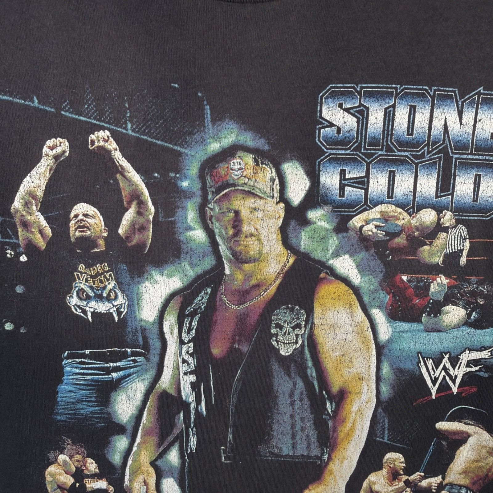 WWF Vintage Stone Cold Austin Shirt Large Black 90s Faded WWF Size US L / EU 52-54 / 3 - 6 Thumbnail
