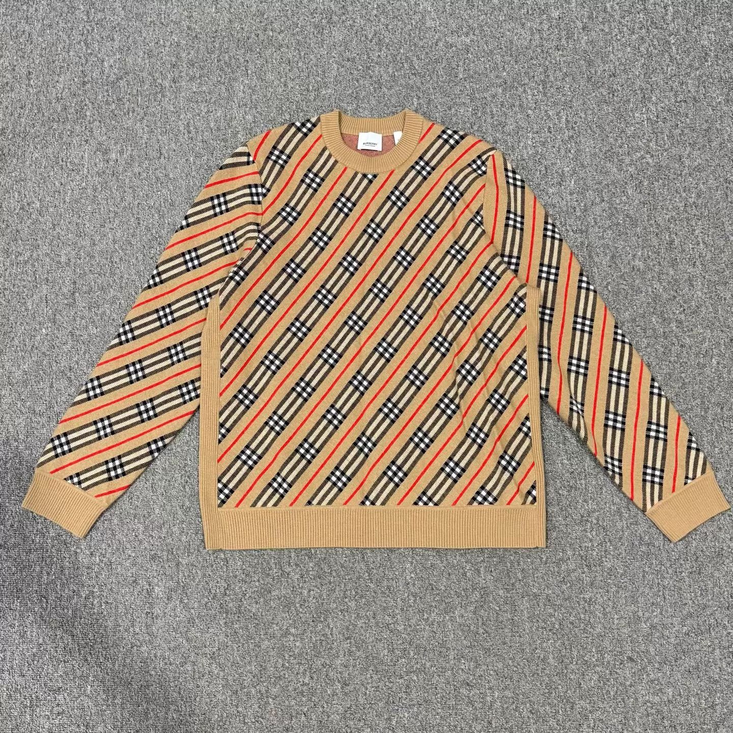 Burberry Camel Red Stripe Check Merino Sweater XL New