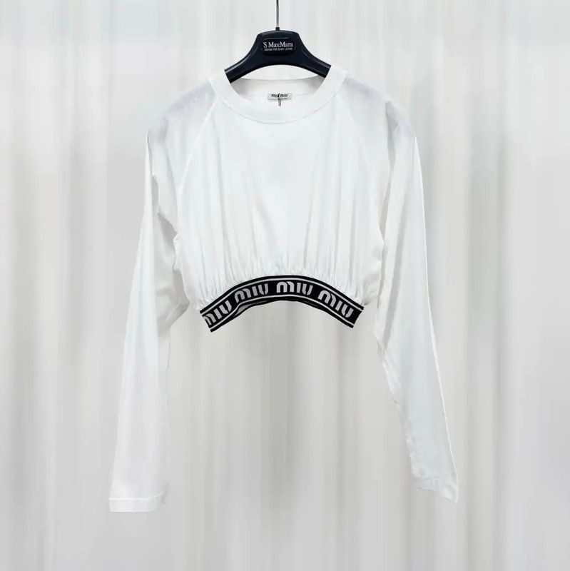 Miu Miu Miu Miu Summer White Cropped Long Sleeve T-shirt 0089 Size S / US 4 / IT 40 - 1 Thumbnail