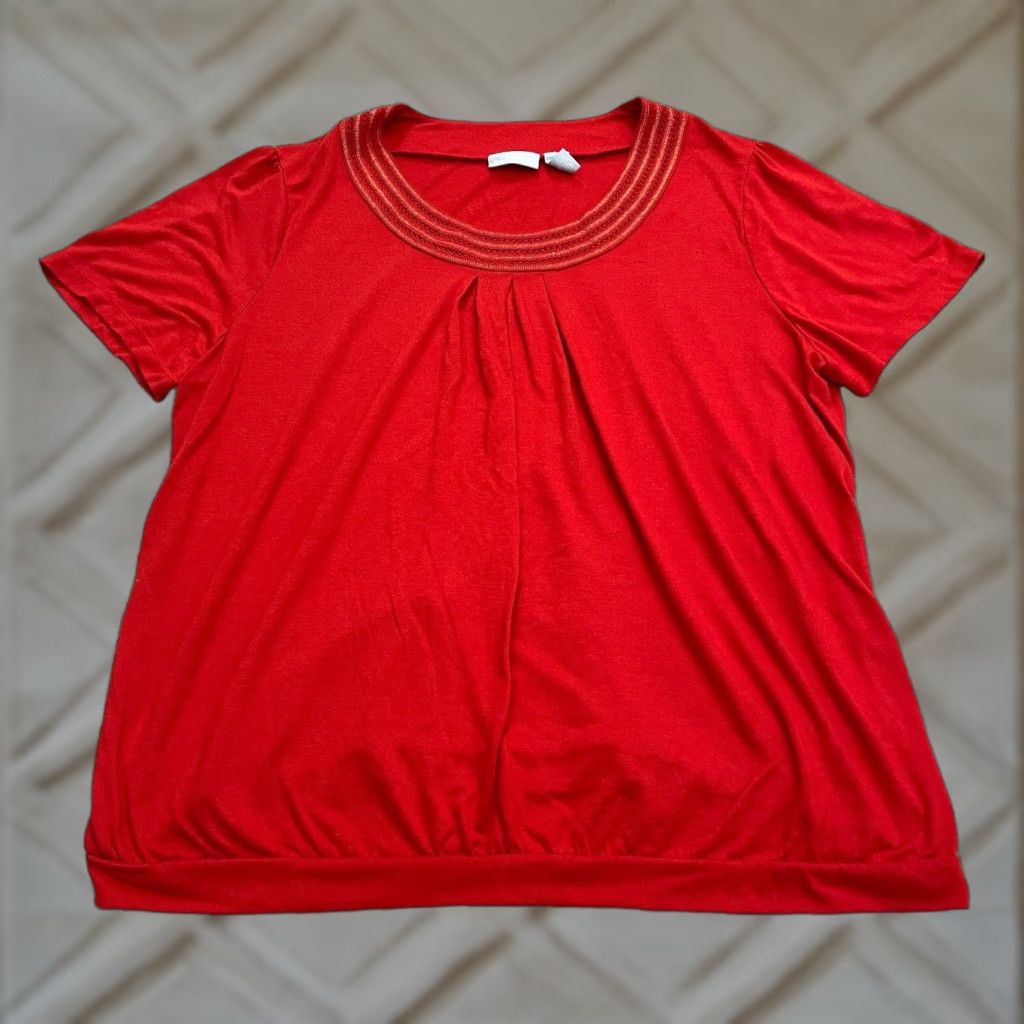Vintage Liz & Me Blouse Womens 1X Plus Red Solid Short Sleeve Round Neck Casual Designer Classic Size XL / US 12-14 / IT 48-50 - 1 Thumbnail