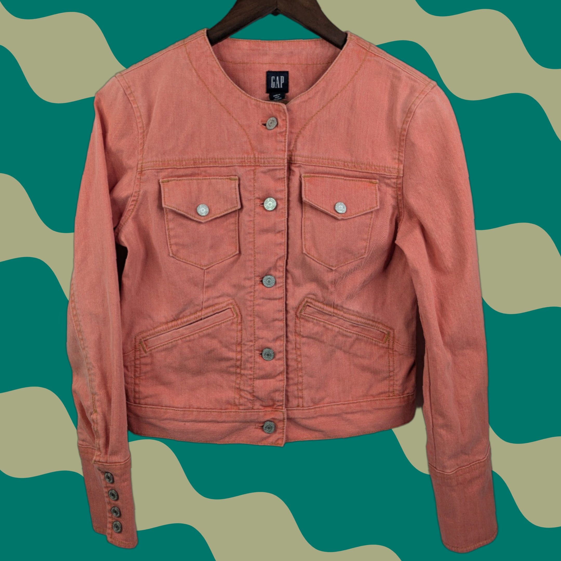 Gap VINTAGE Gap Peach Orange Denim Collarless Jacket Snap Cuffs Sz Small Stretch Rockabilly Size S / US 4 / IT 40 - 1 Thumbnail