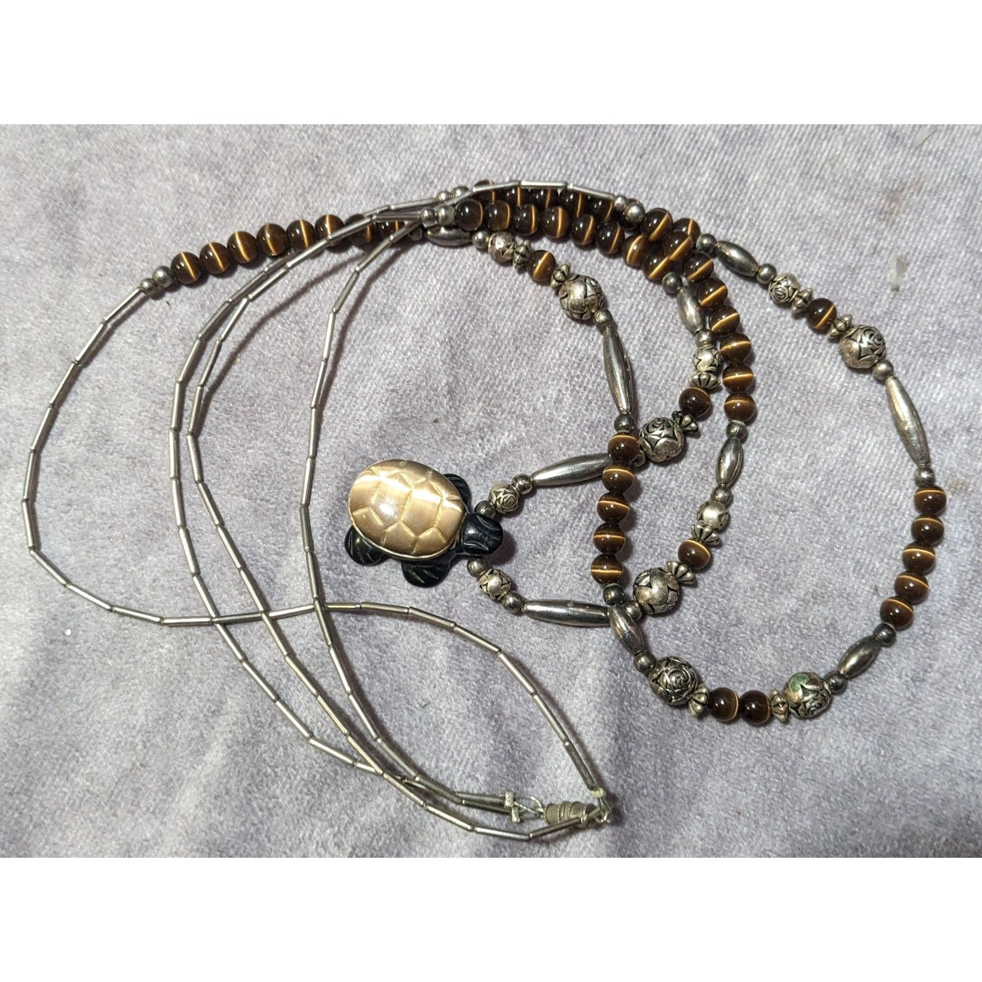 Other Vintage Liquid Silver Brown Cateye Beaded Multilayer Carved Size ONE SIZE - 13 Thumbnail