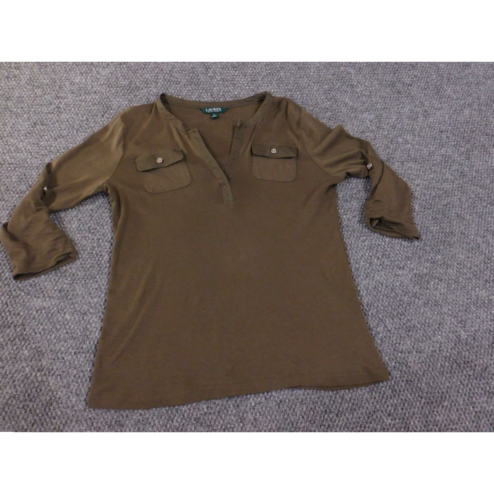Ralph Lauren Lauren Ralph Lauren Blouse Shirt Womens M Green Stretch V-Neck Pockets Knit Cotton Blend Regular Size M / US 6-8 / IT 42-44 - 3 Thumbnail