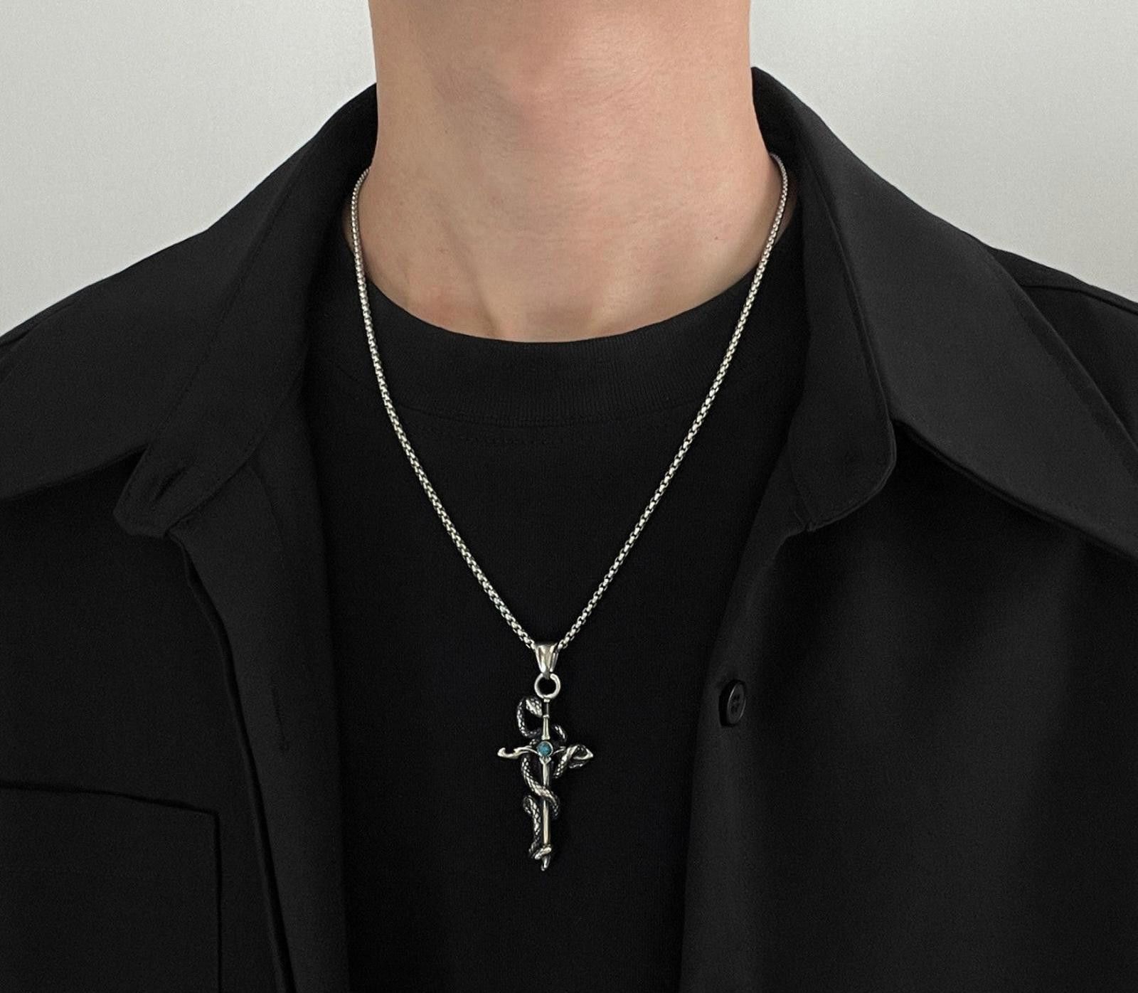 Jewelry Silver Snake & Cross - Blue Gemstone Pendant Necklace Size ONE SIZE - 3 Thumbnail