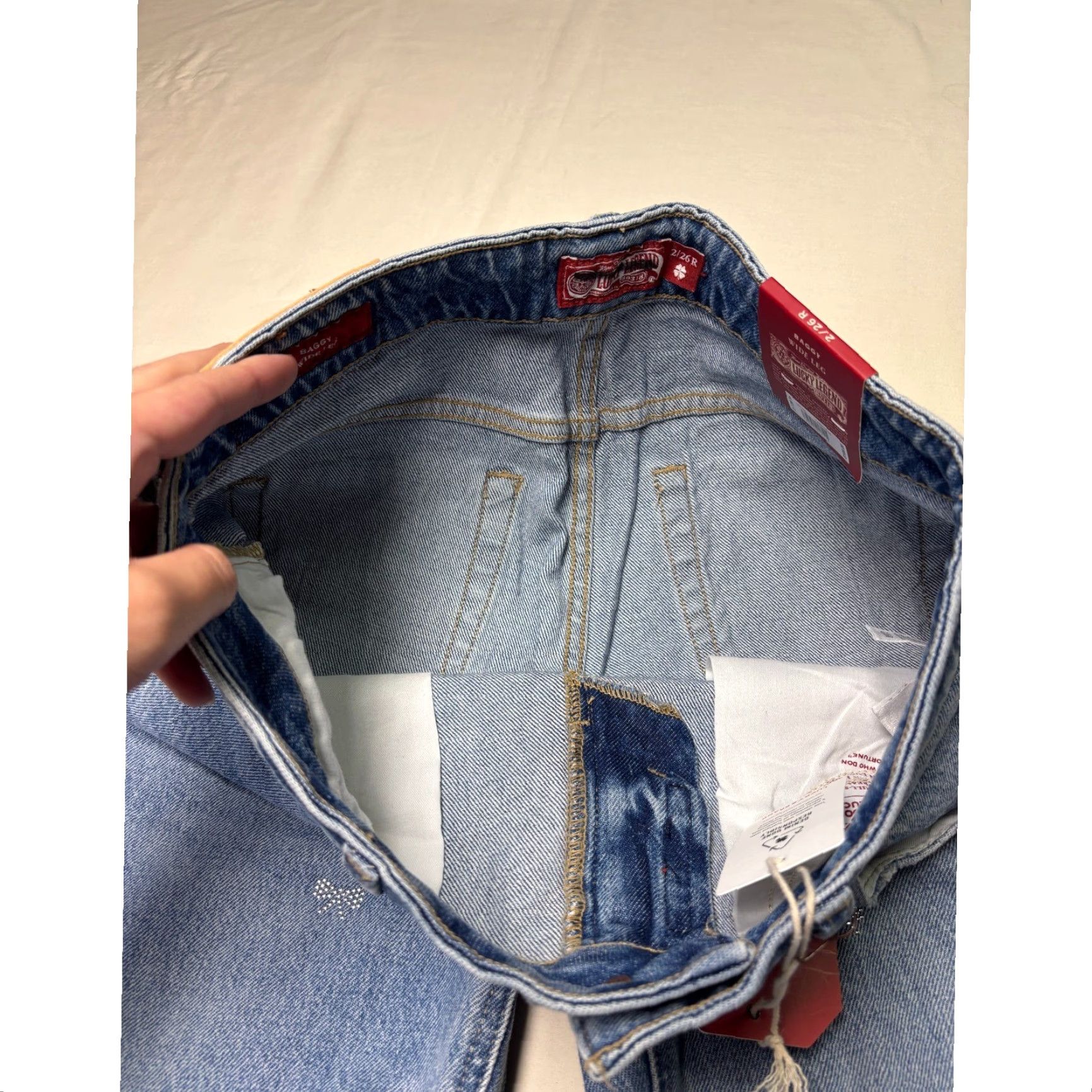 Lucky Brand Lucky Brand Lucky Legend Baggy Wide Leg Jeans Rhinestone Bow 32x32 NWT Women Blue Denim 26 5-Pocket Distressed Vintage Bohemian Size 26" / US 2 / IT 38 - 5 Thumbnail