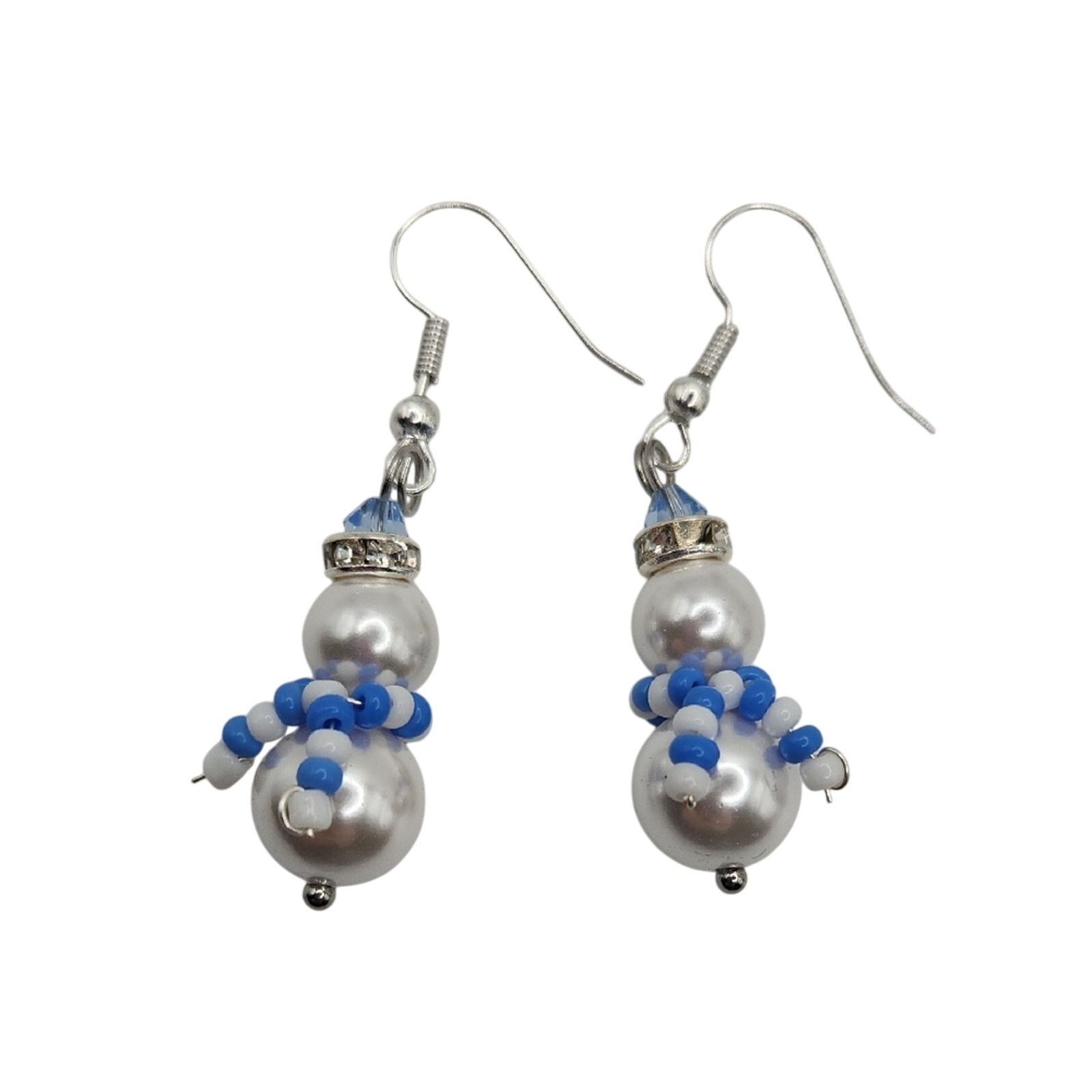 Other White and Blue Beaded Snowman Earrings Handmade Crystal Size ONE SIZE - 1 Thumbnail