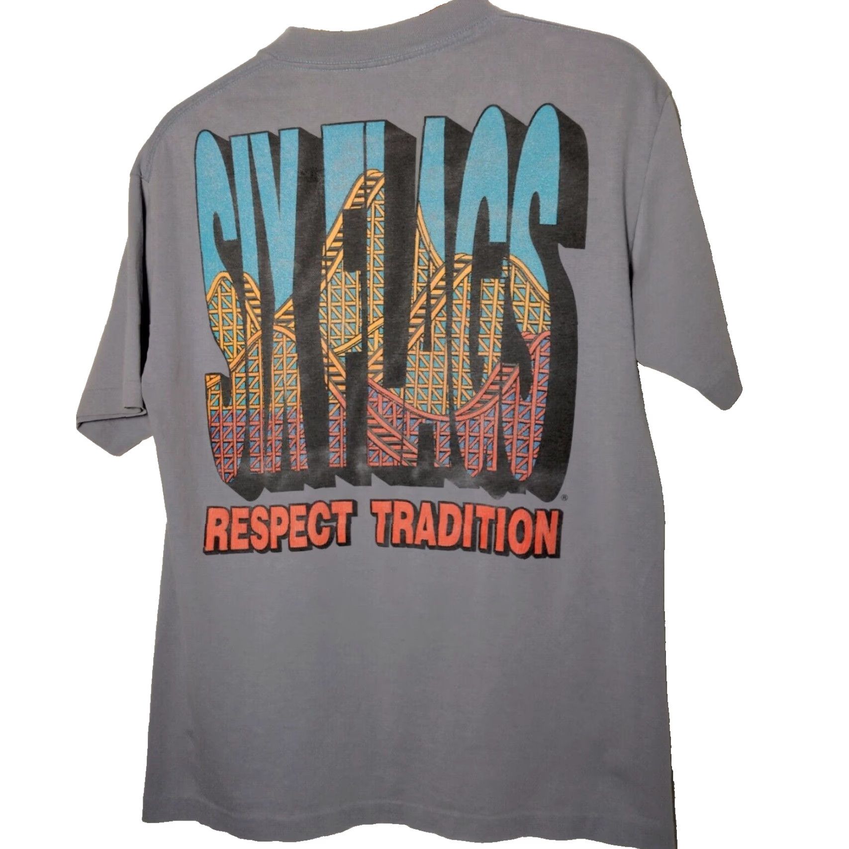 Vintage VINTAGE Six Flags Shirt S/M Blue Cotton Short Sleeve Crew Neck Regular Single Stitch Th rill Seeker Roller Coaster Respect Tradition Men T-Shirt Size US S / EU 44-46 / 1 - 2 Thumbnail