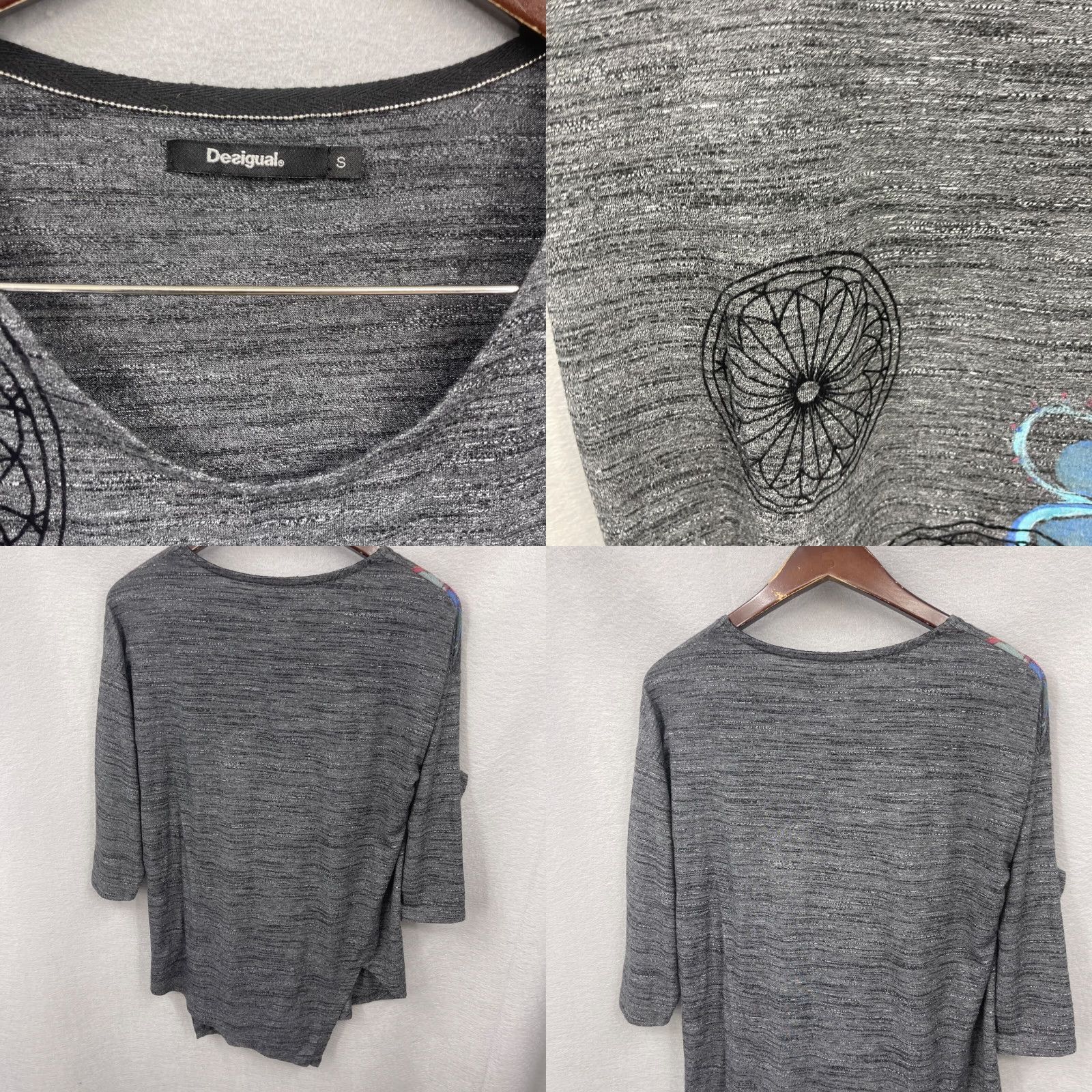 Desigual Desigual Floral Geometric Blouse Womens Small Gray Asymmetric 3/4 Sleeve Casual Top Size S / US 4 / IT 40 - 8 Thumbnail