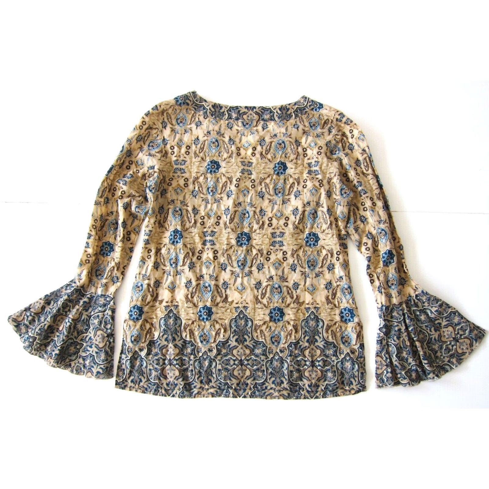 Vintage INC 100% Cotton Gauze Blue Floral Long Flare Sleeve V-Neck Blouse 10 Women Blouse Shirt Size L / US 10 / IT 46 - 2 Thumbnail