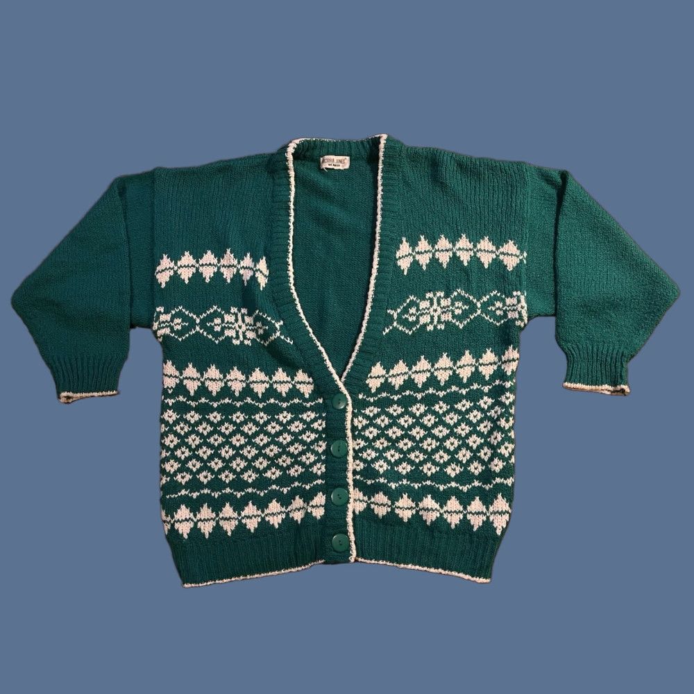 Vintage VINTAGE Victoria Jones Cardigan Sweater Women’s 2X Green White 90s Oversized Knit V-Neck Button Mens? Size XXL / US 16-18 / IT 52-54 - 1 Thumbnail