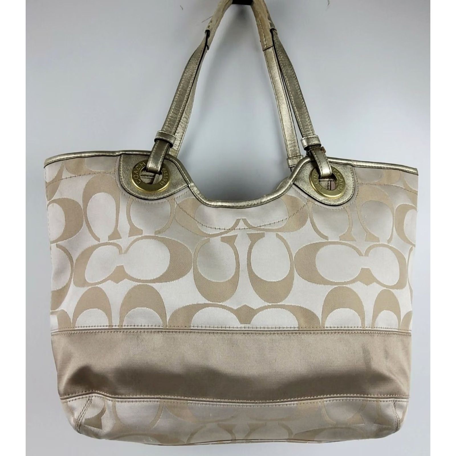 Coach Coach Signature Stripe Tote Bag F19565 Light Khaki Gold Leather Sateen Pockets Lined Women Tote Size ONE SIZE - 2 Thumbnail