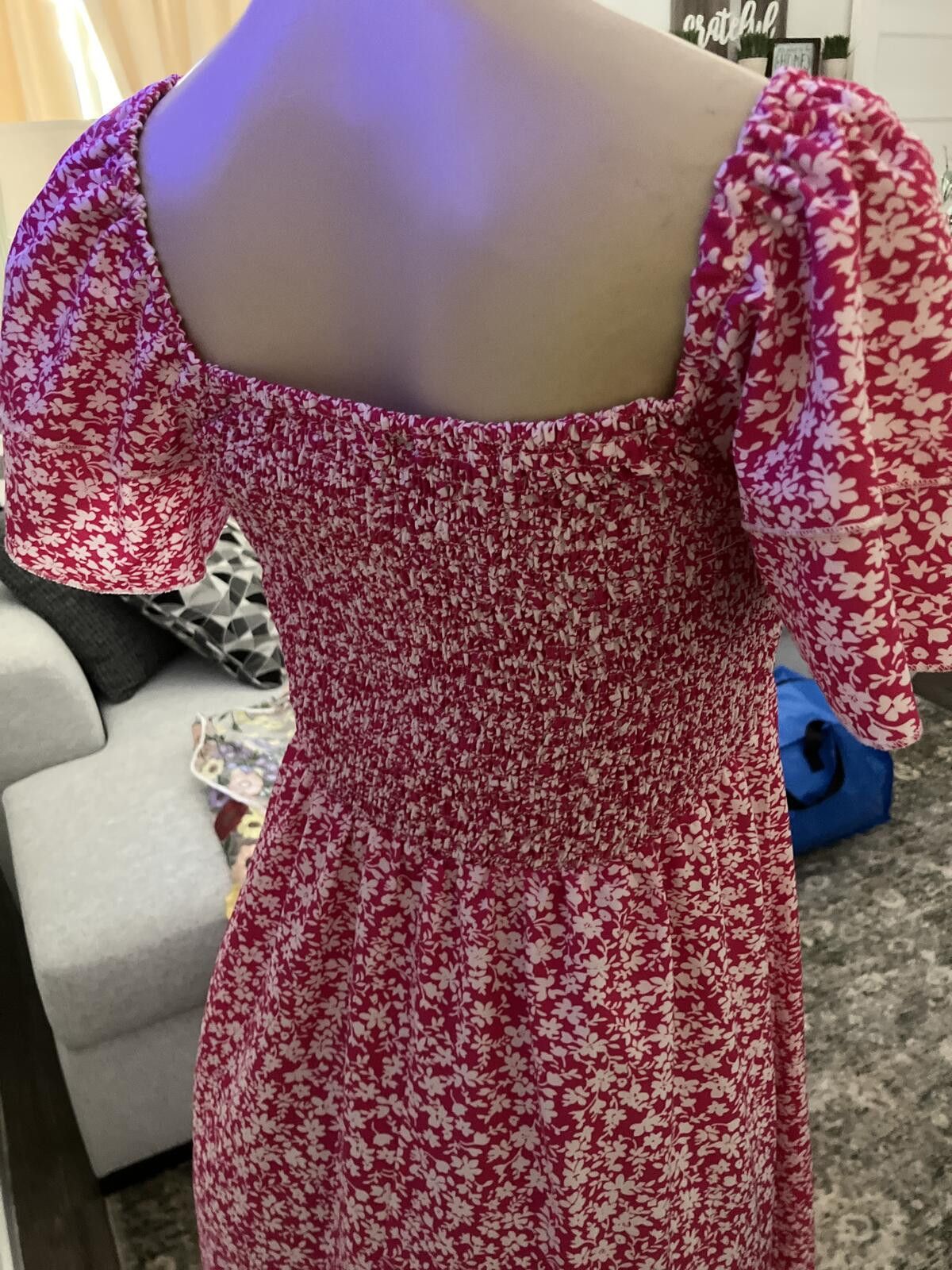 Shein Pink Floral Smocked Midi Dress with Puff Sleeves Size ONE SIZE - 4 Thumbnail