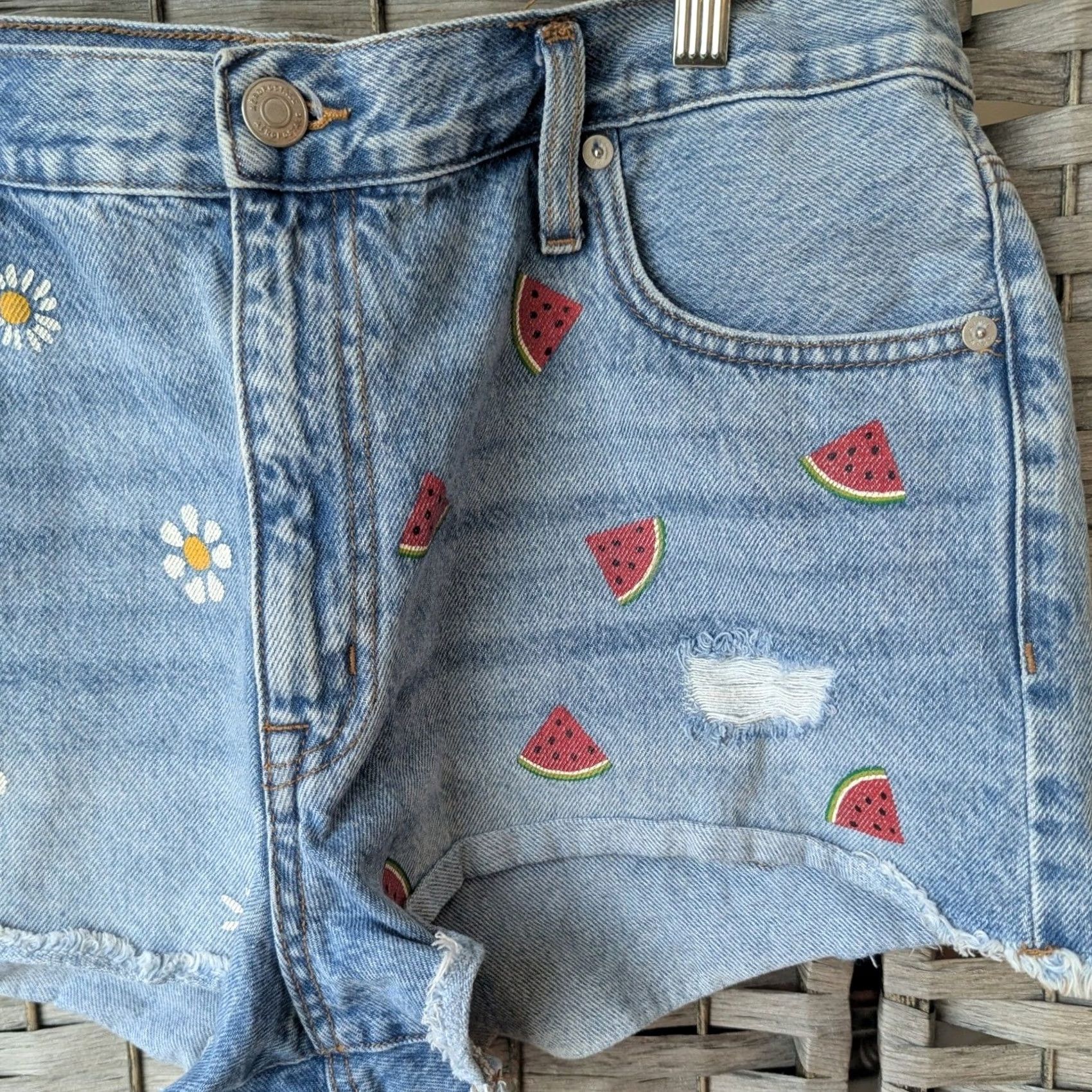 Aeropostale Aeropostale Shorts Vintage High Rise Shorty Daisy Watermelon Embroidered Raw Hem Sz 14W Blue 14W Womens Shorts Size 24" / US 00 / IT 34 - 2 Thumbnail