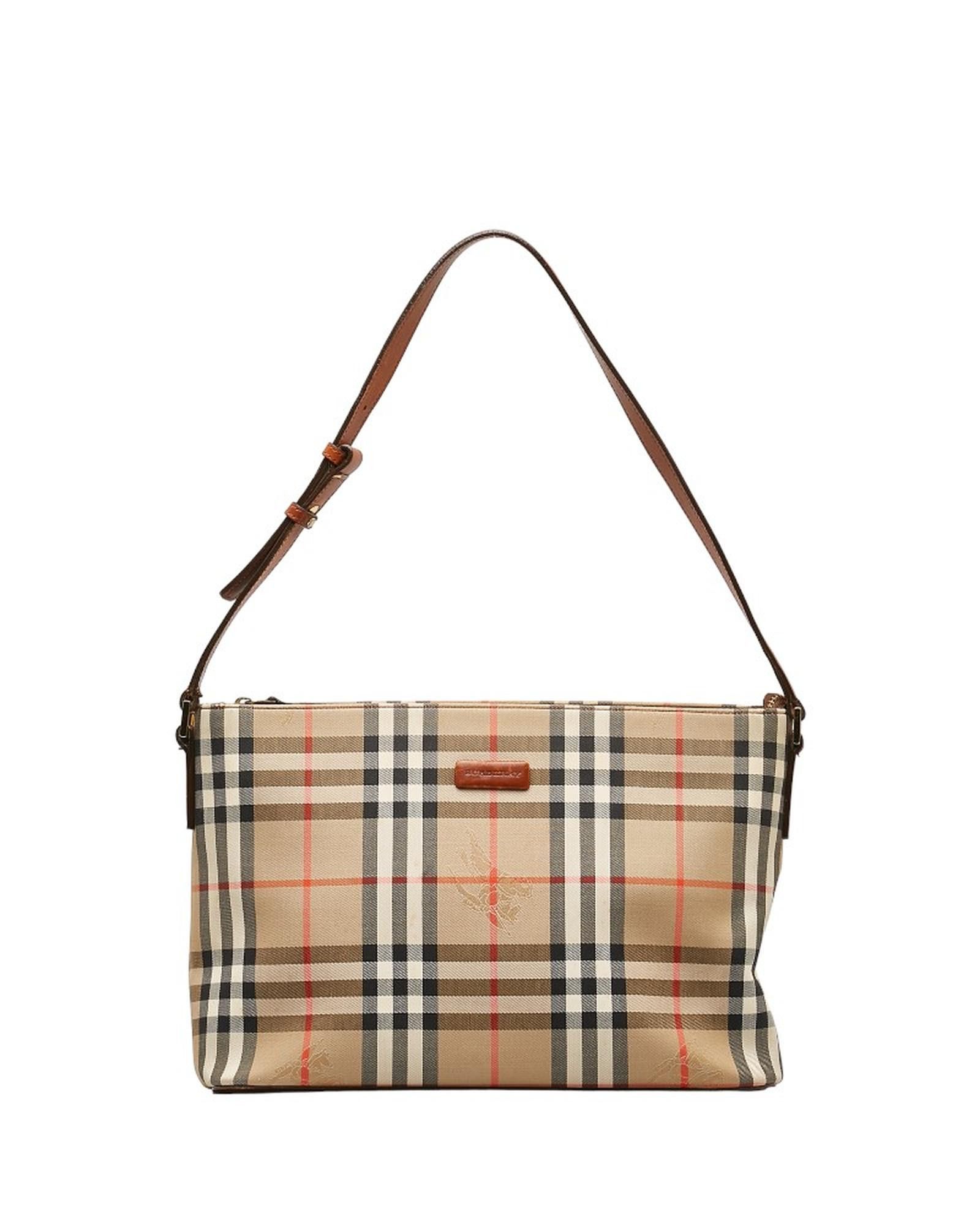 image of Burberry Check Canvas Shoulder Bag In Excellent Condition in Brown, Women's