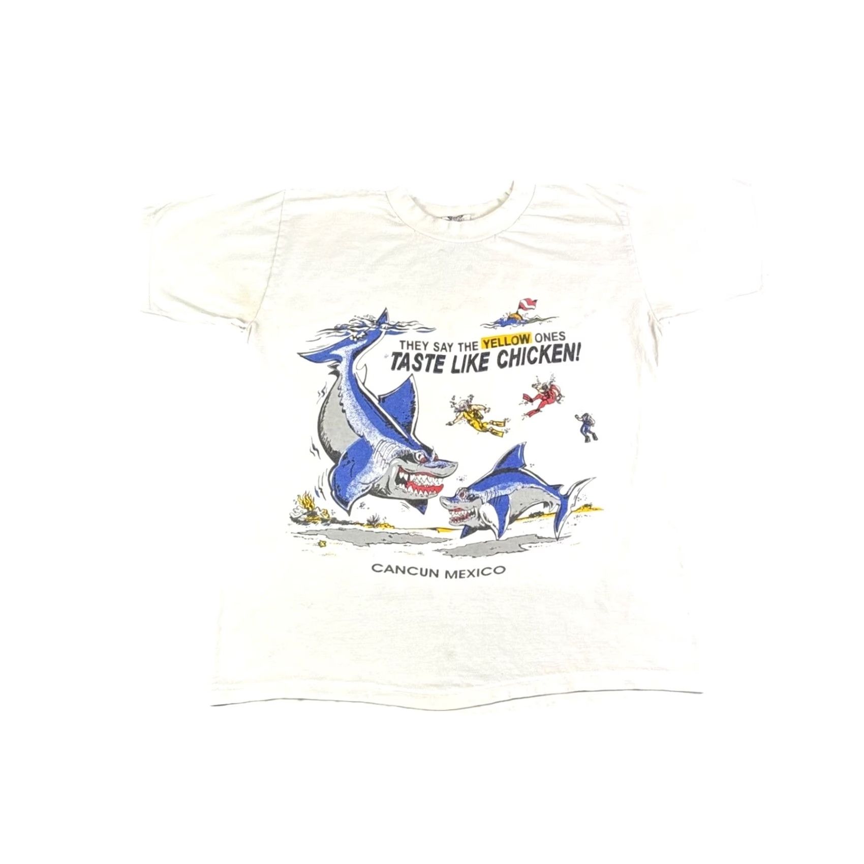 Vintage VINTAGE Cancun Mexico Shark Taste Like Chicken T-Shirt White Mens M 90s Size US M / EU 48-50 / 2 - 2 Thumbnail