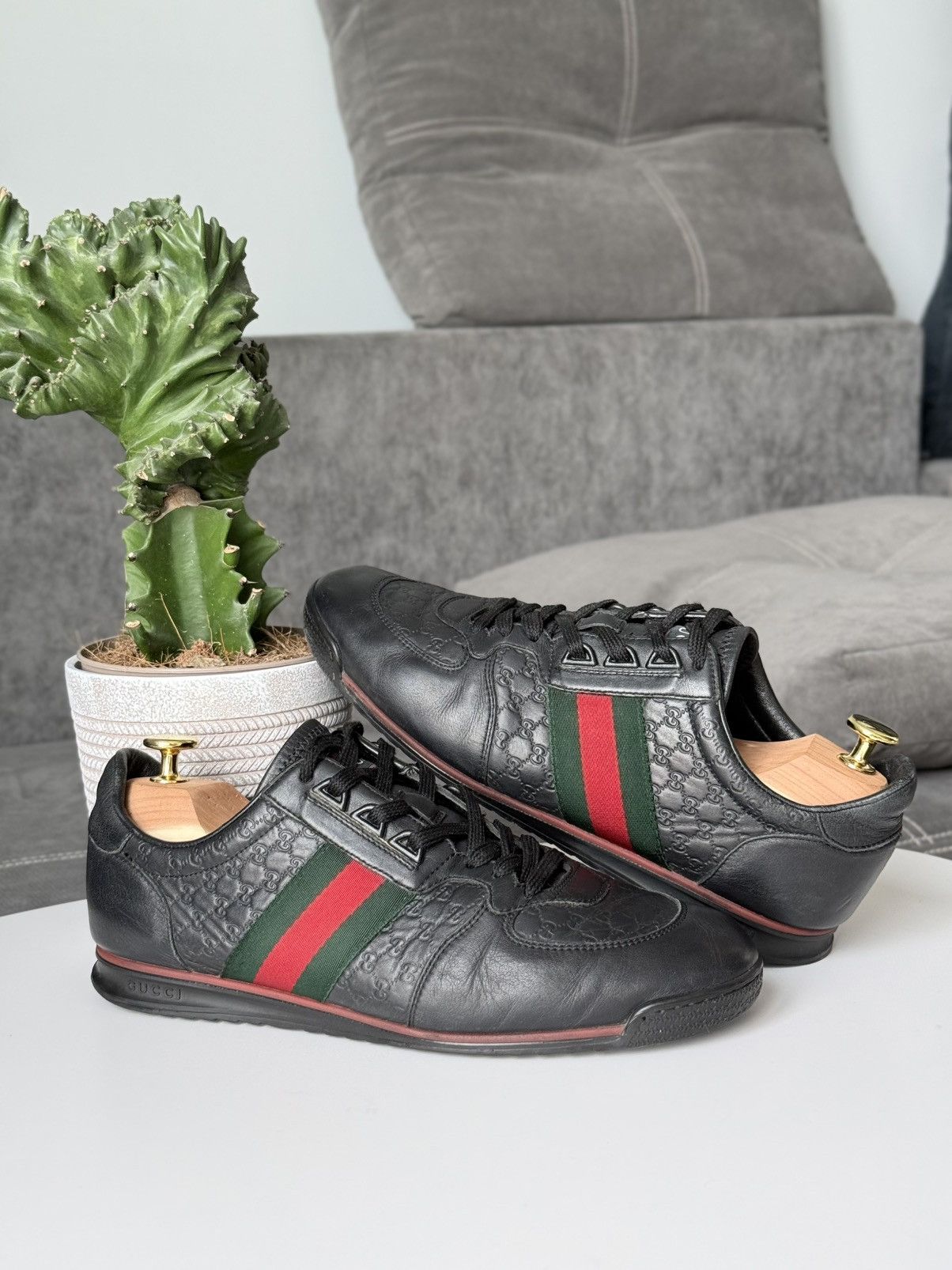 Gucci Gucci Black GG Guccissima Leather Sneakers Stripe Low Top Size US 10 / IT 40 - 3 Thumbnail