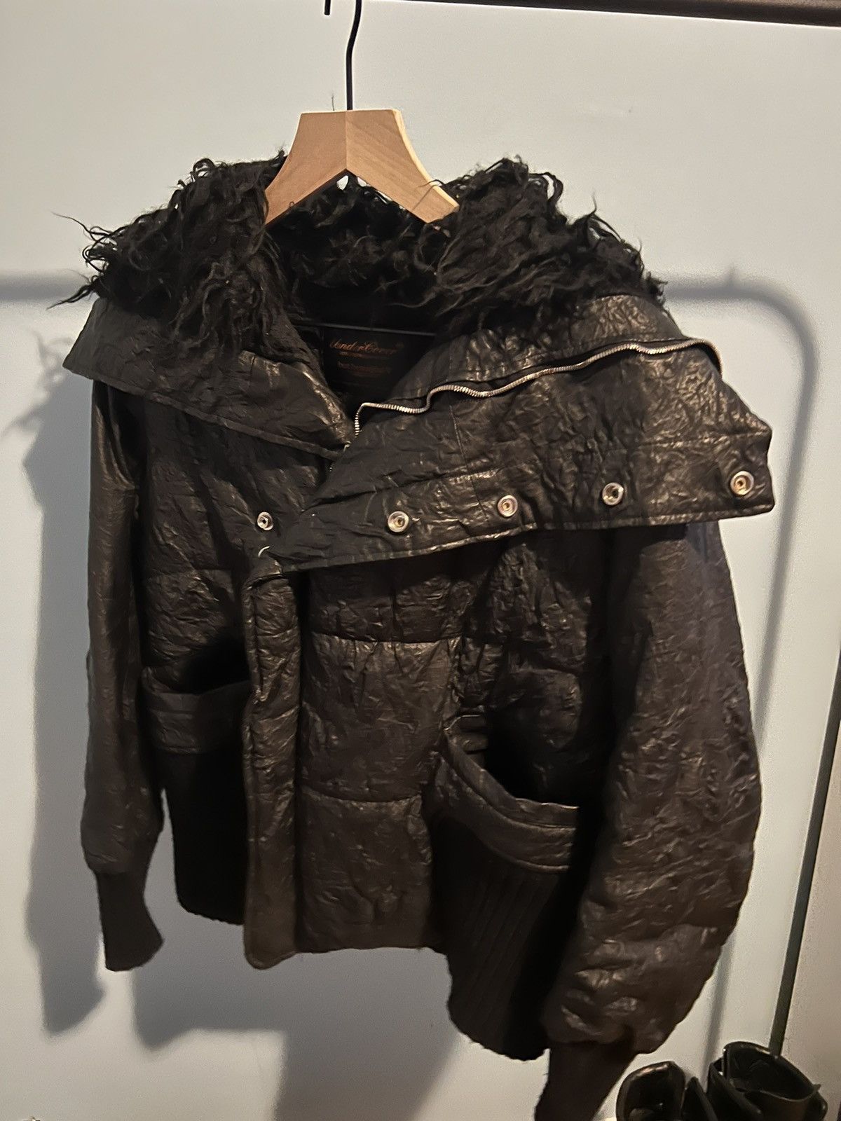 image of Undercover Guruguru Cowhide Leather Lamb Fur Jacket in Black, Men's (Size Small)