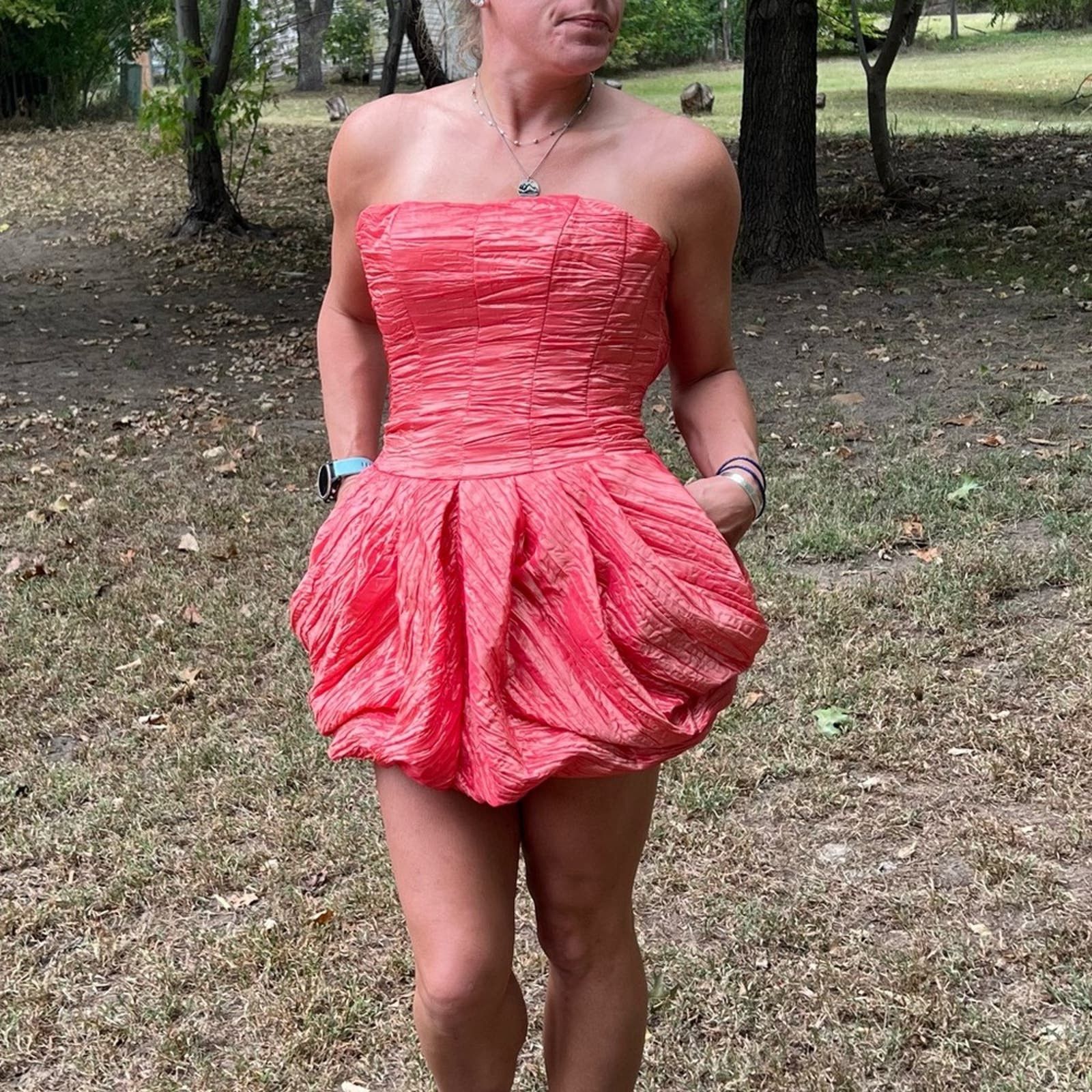 image of Vintage Jessica Mcclintock Coral Bubble Strapless Ruched Prom Dress in Pink, Women's (Size Small)