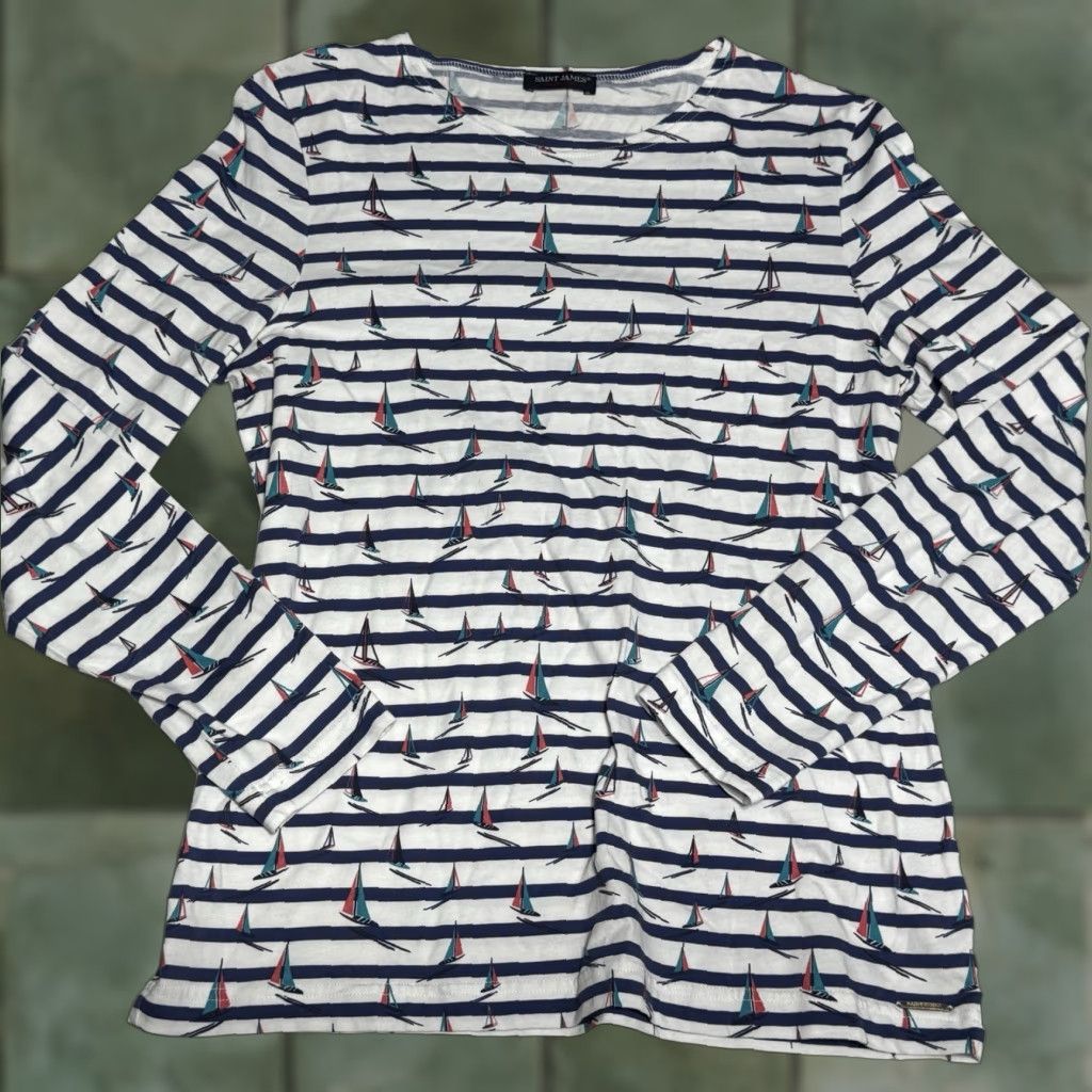 Saint James VINTAGE Saint-James Women’s Cotton Long Sleeve T-Shirt Nautical Striped Sailboats Size 12 Size XL / US 12-14 / IT 48-50 - 1 Thumbnail