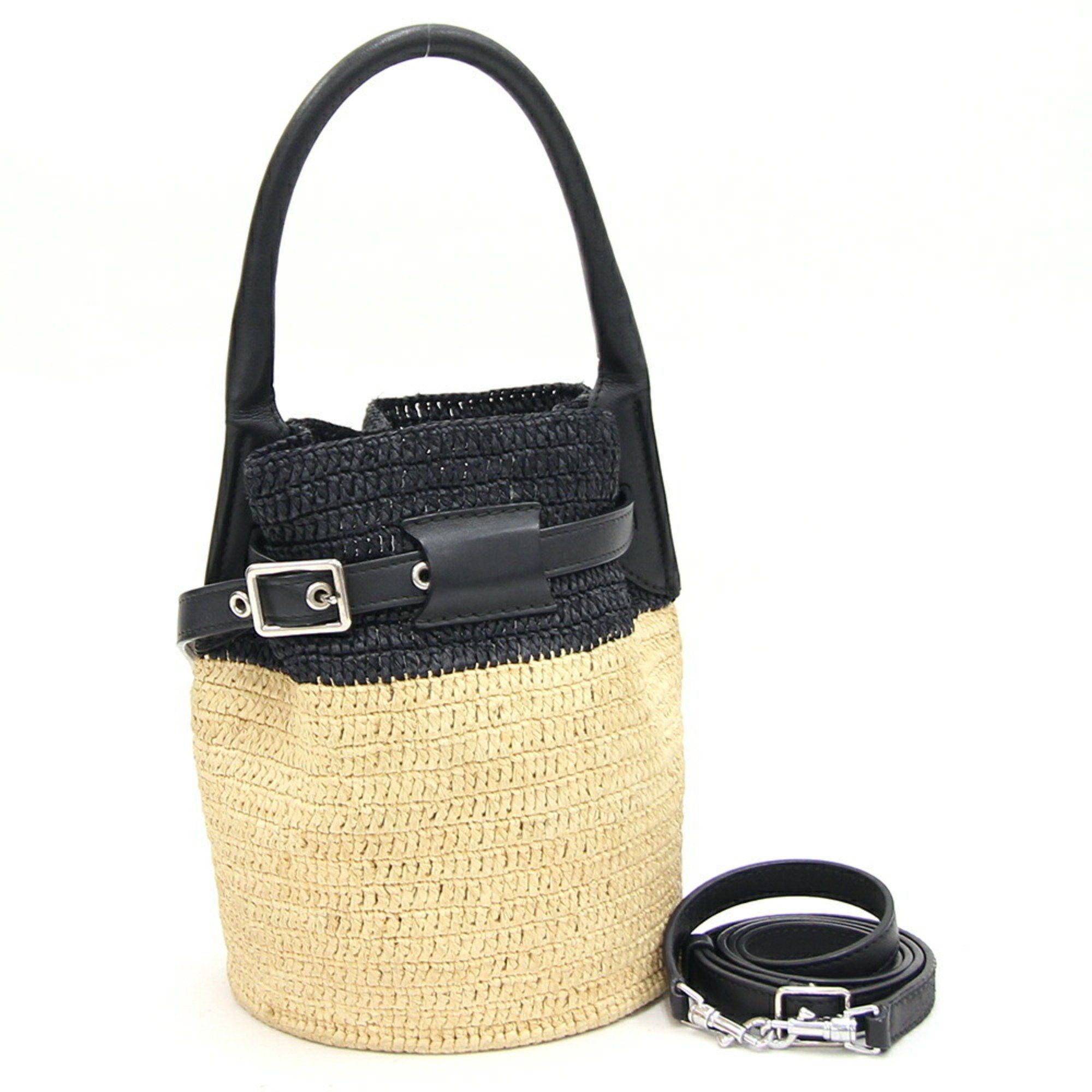 image of Celine Handbag Big Bag Nano Bucket 187242 Black Beige Raffia Leather Shoulder Basket Women's Celine