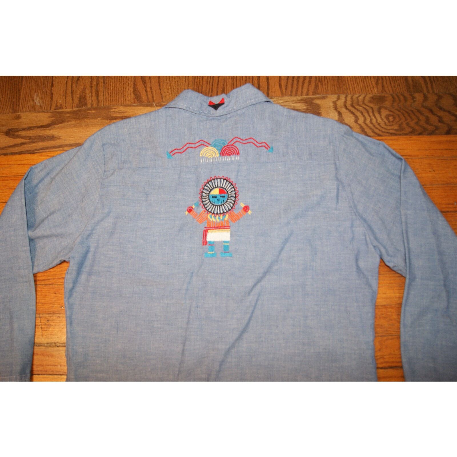 Big Mac Vtg 70s Big Mac Blue Denim M Shirt Aztec Indian Embroider Size US M / EU 48-50 / 2 - 2 Thumbnail