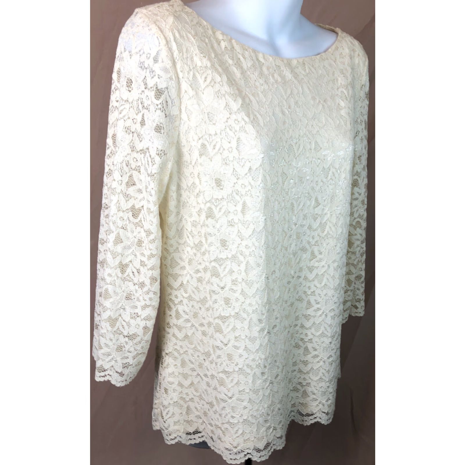 Charter Club VINTAGE Charter Club Lace Top Blouse M Ivory 3/4 Sleeves Boat Neck Floral Structure 90s Fairy Dainty Womens Size M / US 6-8 / IT 42-44 - 3 Thumbnail