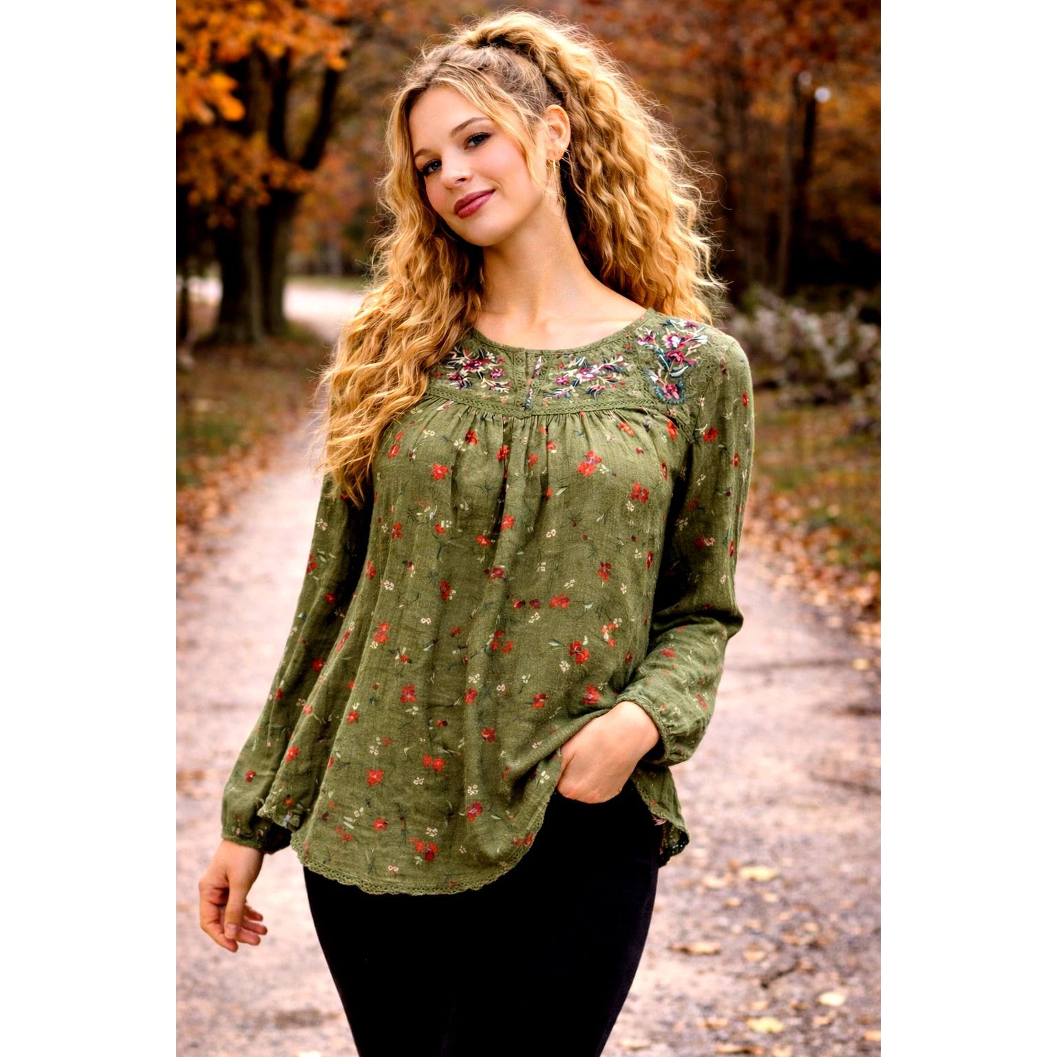 Other Mason & Belle Peasant Blouse Lace Accents Olive size M Size M / US 6-8 / IT 42-44 - 1 Thumbnail