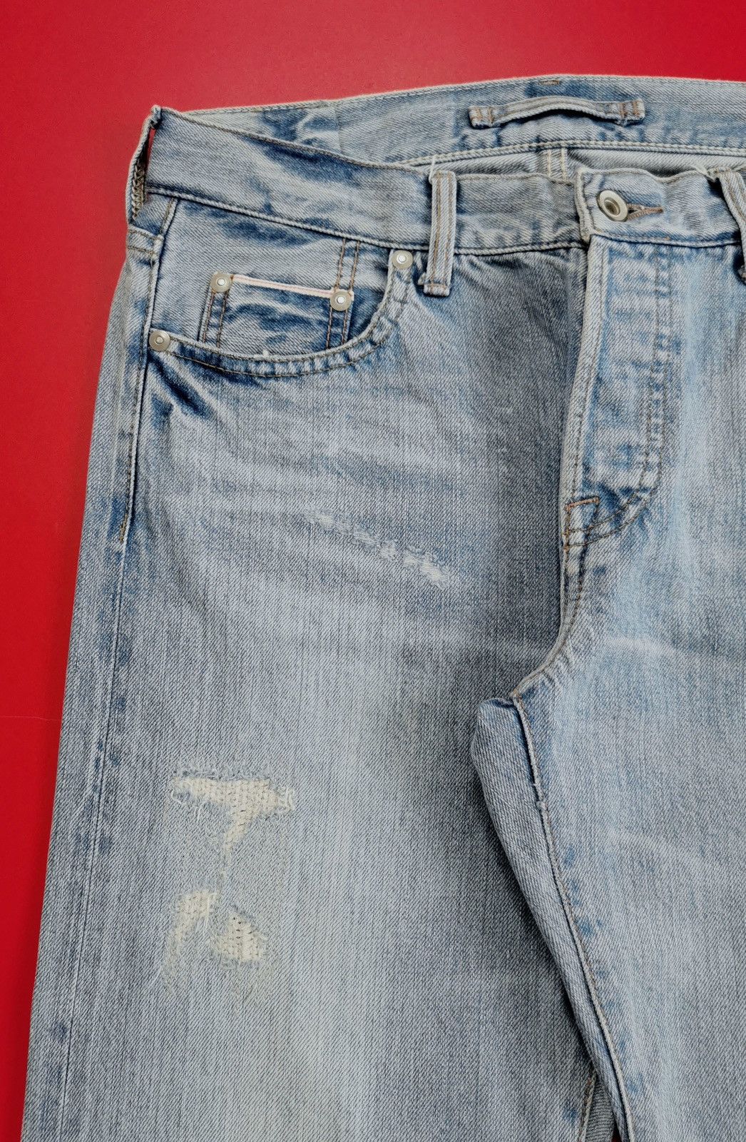 GOA GOA Selvedge Straight Leg Distressed Light Wash Jeans Size US 31 - 9 Thumbnail