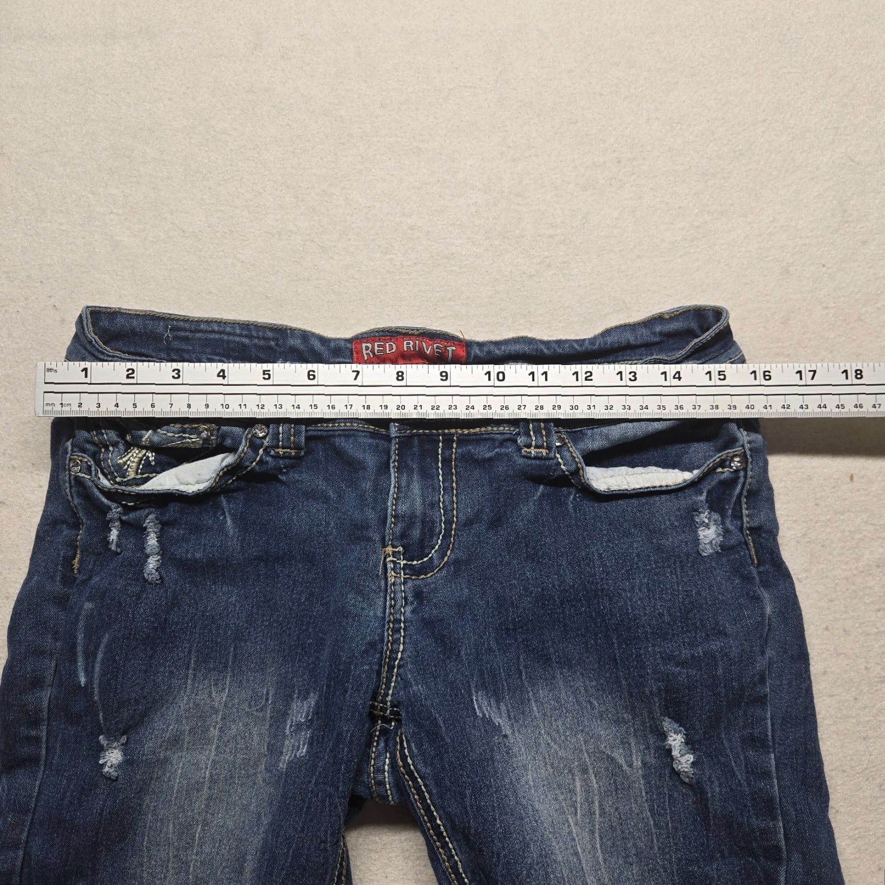 Denime Red Rivet Denim Shorts Women's 7 Distressed Embroidered 5-Pocket Casual Jeans Cut-Off Summer Blue Vintage?: No Size 28" / US 6 / IT 42 - 3 Thumbnail