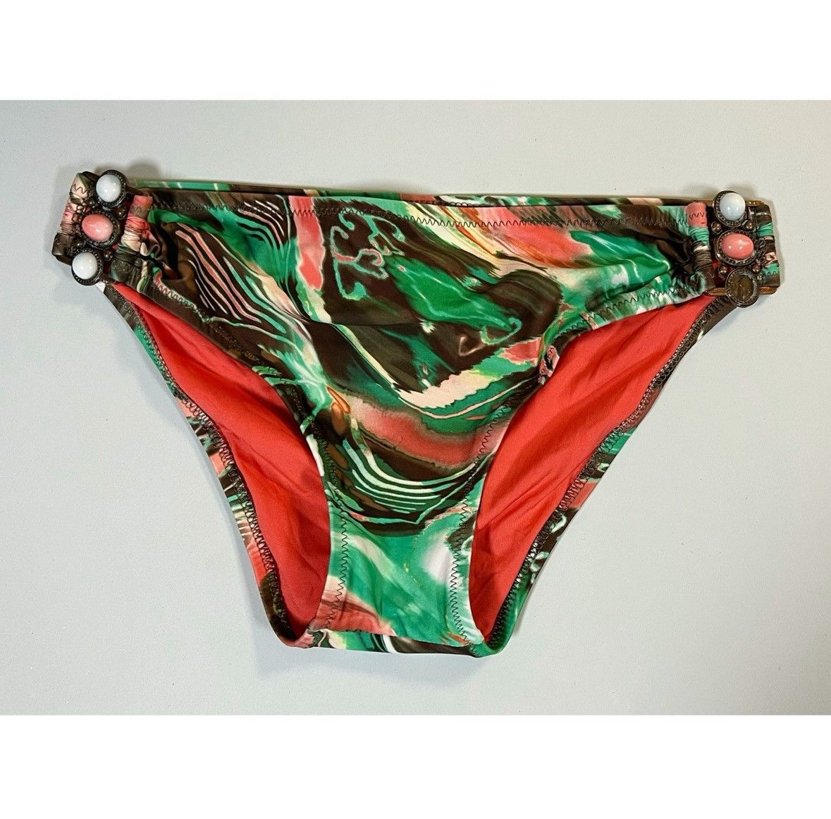 Other Green Brown Coral Beaded Patterned Bikini Bottoms Size S ✨ Size 27" / US 4 / IT 40 - 2 Thumbnail