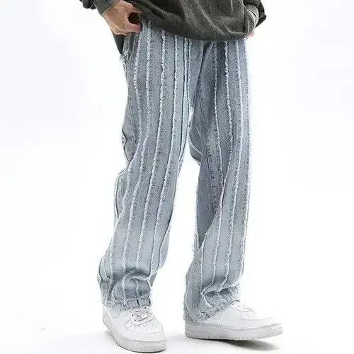 Japanese Brand × Jean Unisex Striped Frayed Ripped Tassel Jeans Pants Size US 33 - 1 Thumbnail