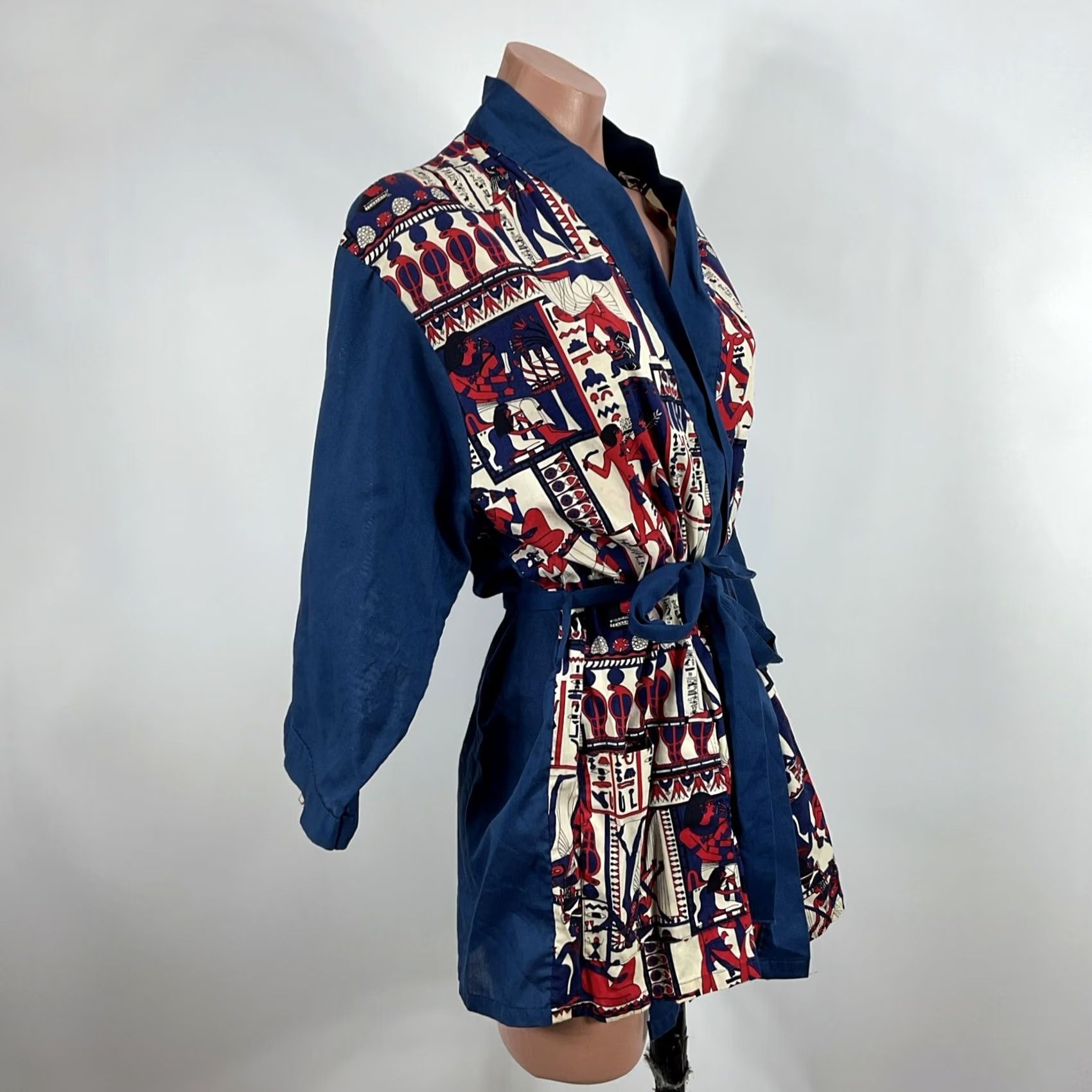 Vintage VINTAGE Montgomery Ward Smoking Jacket Belted Robe L Egyptian Print 70s Blue Robe Mens Size US 33 - 4 Thumbnail
