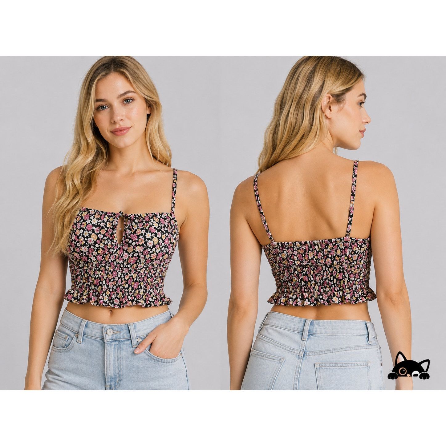 Other Wild Fable Black Floral Keyhole Front Ruche Ruffle Crop Top Size S / US 4 / IT 40 - 3 Thumbnail