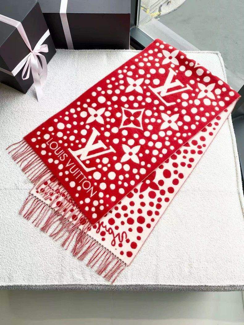 Louis Vuitton Louis Vuitton Cashmere Red and White Kusama Cashmere Scarf Size ONE SIZE - 1 Thumbnail