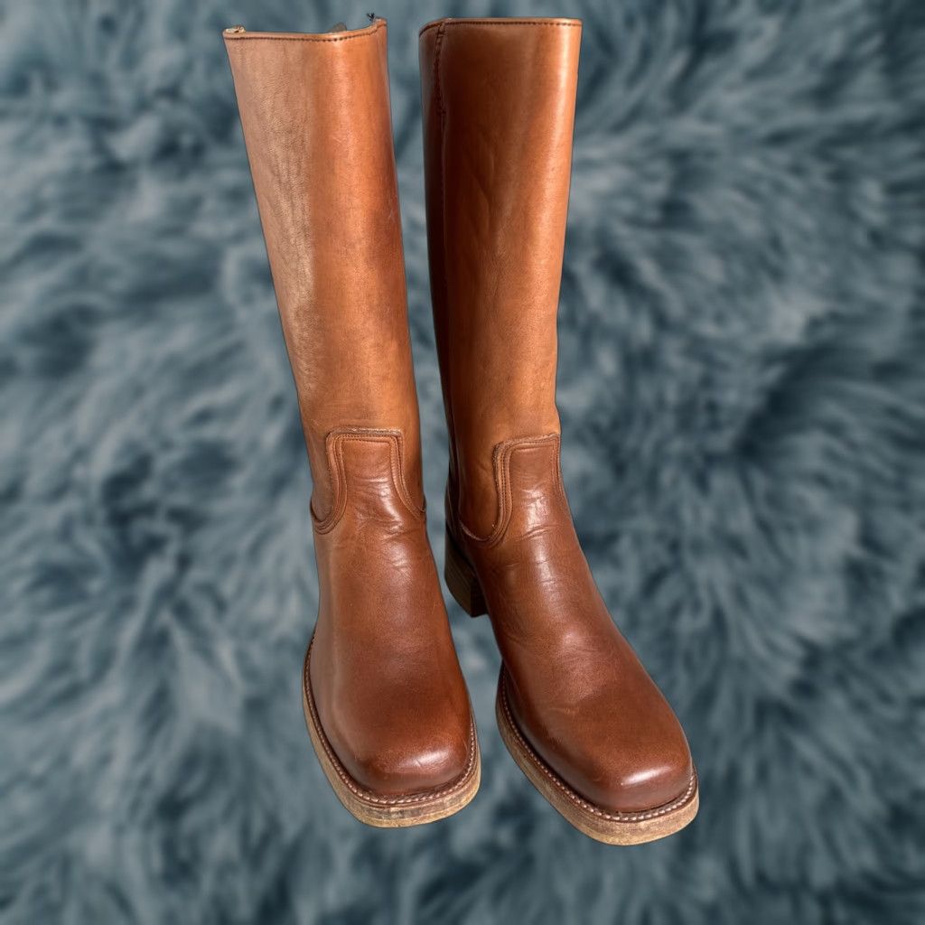 VINTAGE Wrangler Made In USA Tall Leather Mens Boots 9.5 D 15” Brown Leather Western USA Mens Boots