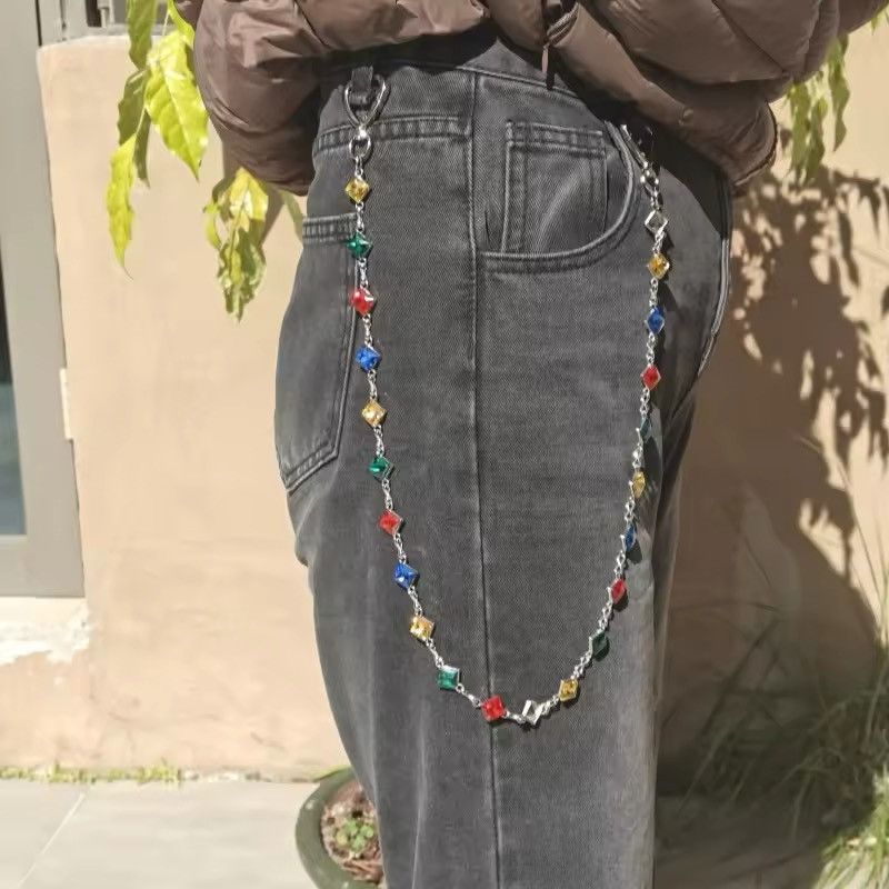 Jewelry Colorful Agate Rhineston Waist Pants Chain in Silver, Men's