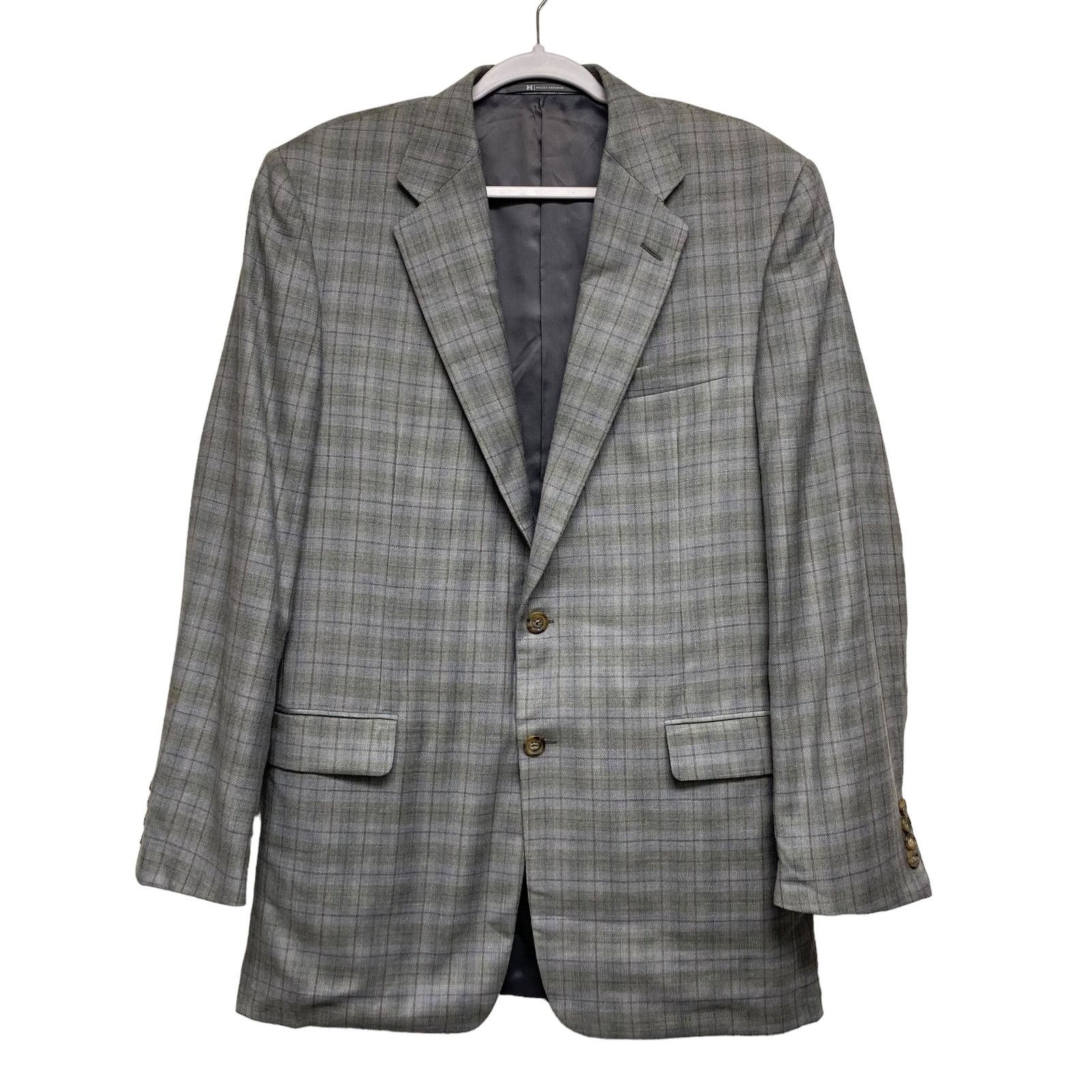 Hickey Freeman Hickey-Freeman 2 Button Plaid Grey Sports Coat Blazer Size 42L - 1 Thumbnail