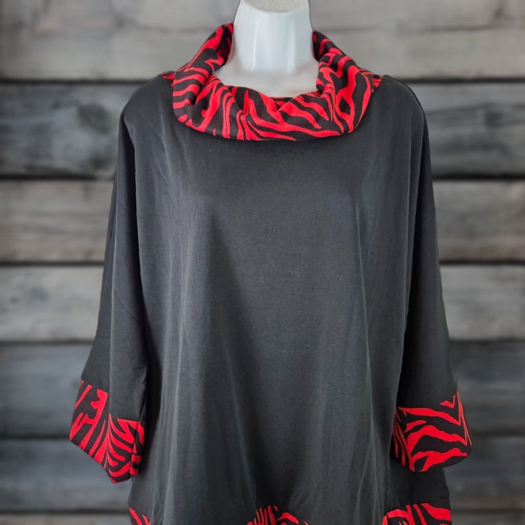 Vintage Carine Blouse Shirt Womens XL Black Red Animal Print 3/4 Sleeve Cowl Neck Size XL / US 12-14 / IT 48-50 - 1 Thumbnail