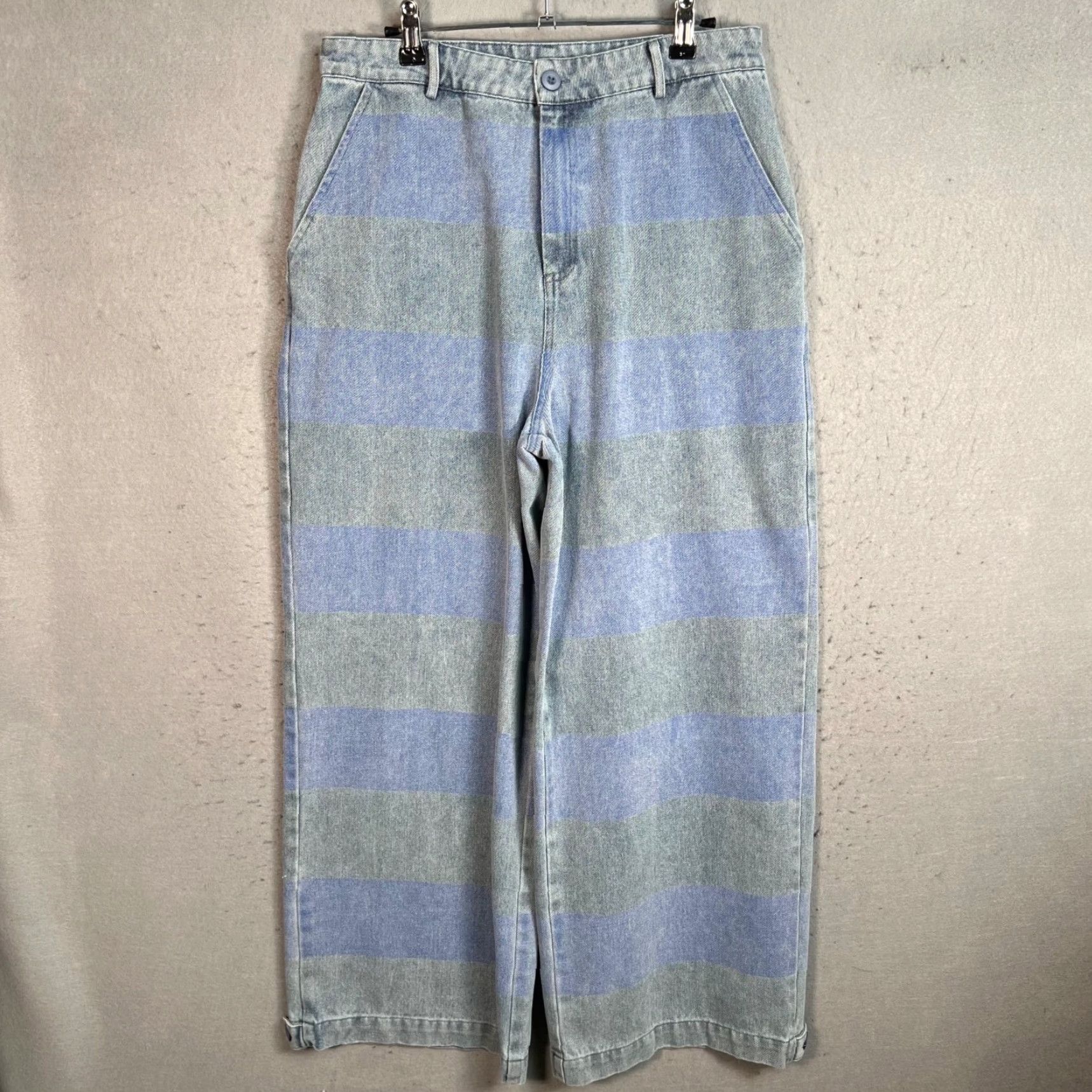 Vintage Faffatt Womens Blue & Gray Size 30 Striped High-Waist Wide-Leg Cotton Pants Size 30" / US 8 / IT 44 - 2 Thumbnail