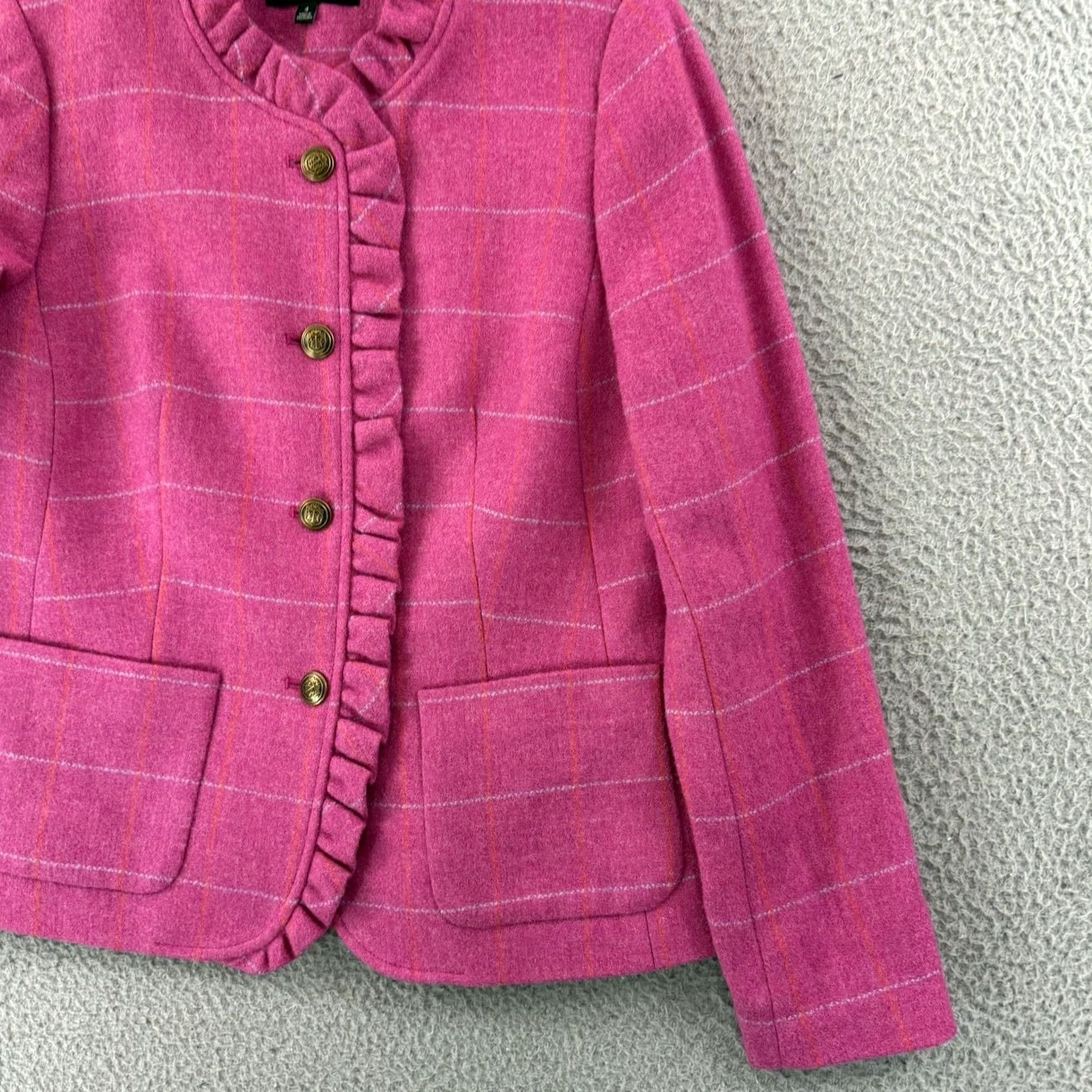 Talbots Talbots Blazer Jacket Women's 4 Pink Wool Blend Check Ruffle Preppy NWT Business Short Sleeve Coat Size S / US 4 / IT 40 - 5 Thumbnail
