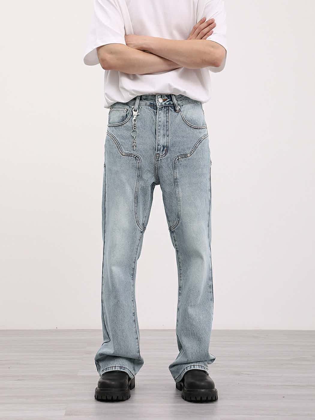 patchwork bootcut washed faded jeans