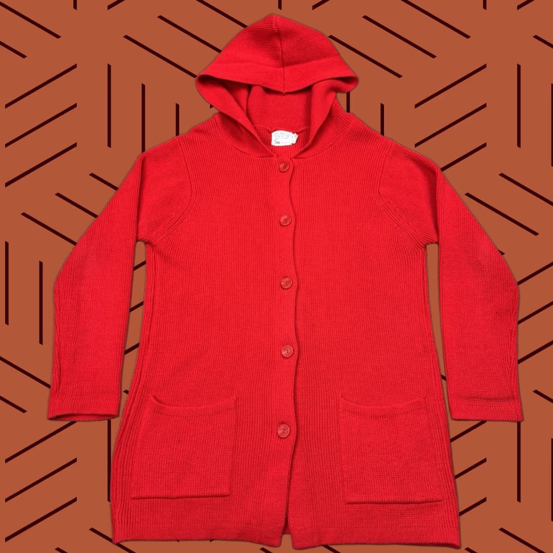 Sears VINTAGE 1970s SEARS RED HOODED KNIT CARDIGAN WOMENS M/L HEAVY ACRYLIC BOHO Size M / US 6-8 / IT 42-44 - 1 Thumbnail