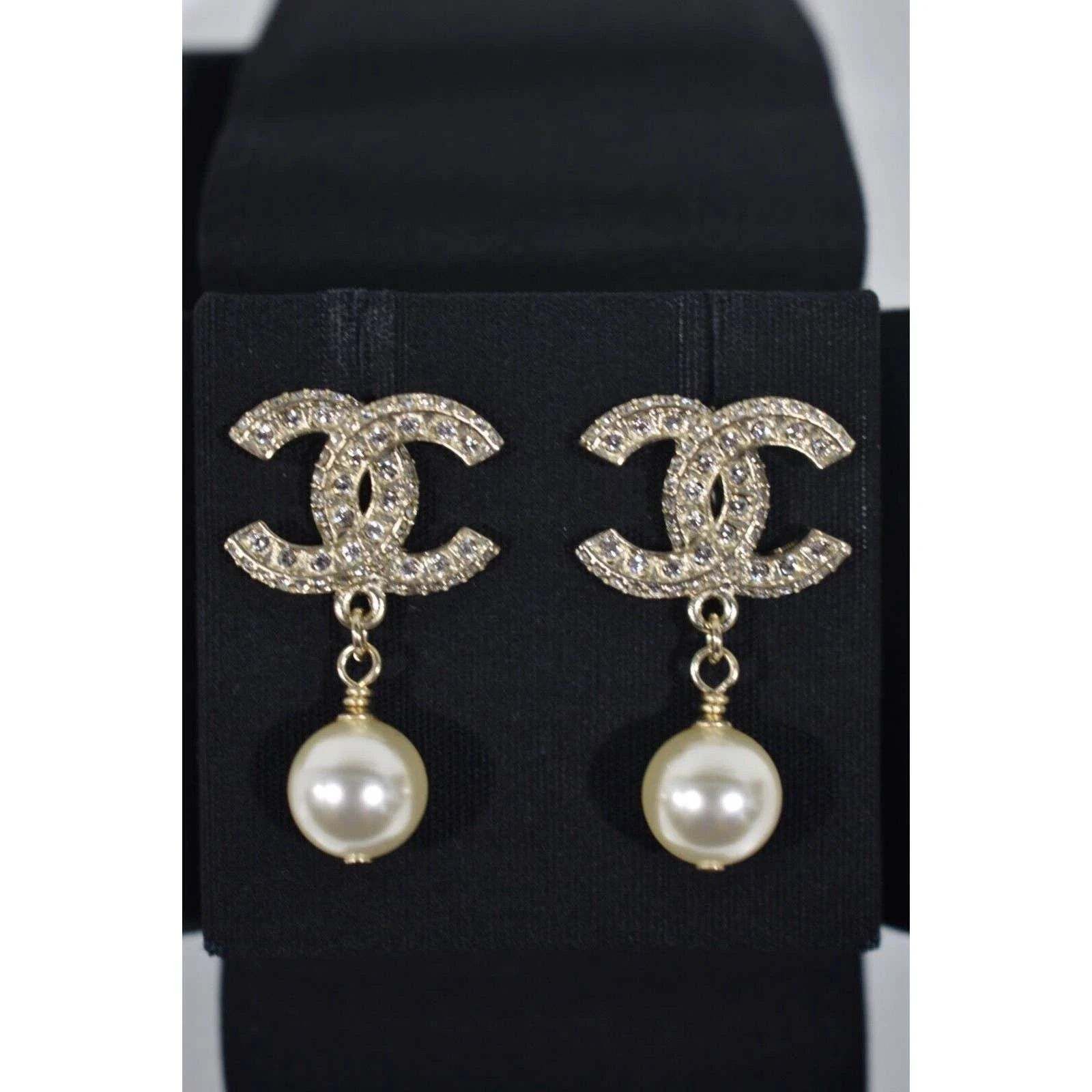 Chanel Chanel Gold Resin Crystal Pearl Statement Stud Drop Earrings Size ONE SIZE - 8 Thumbnail