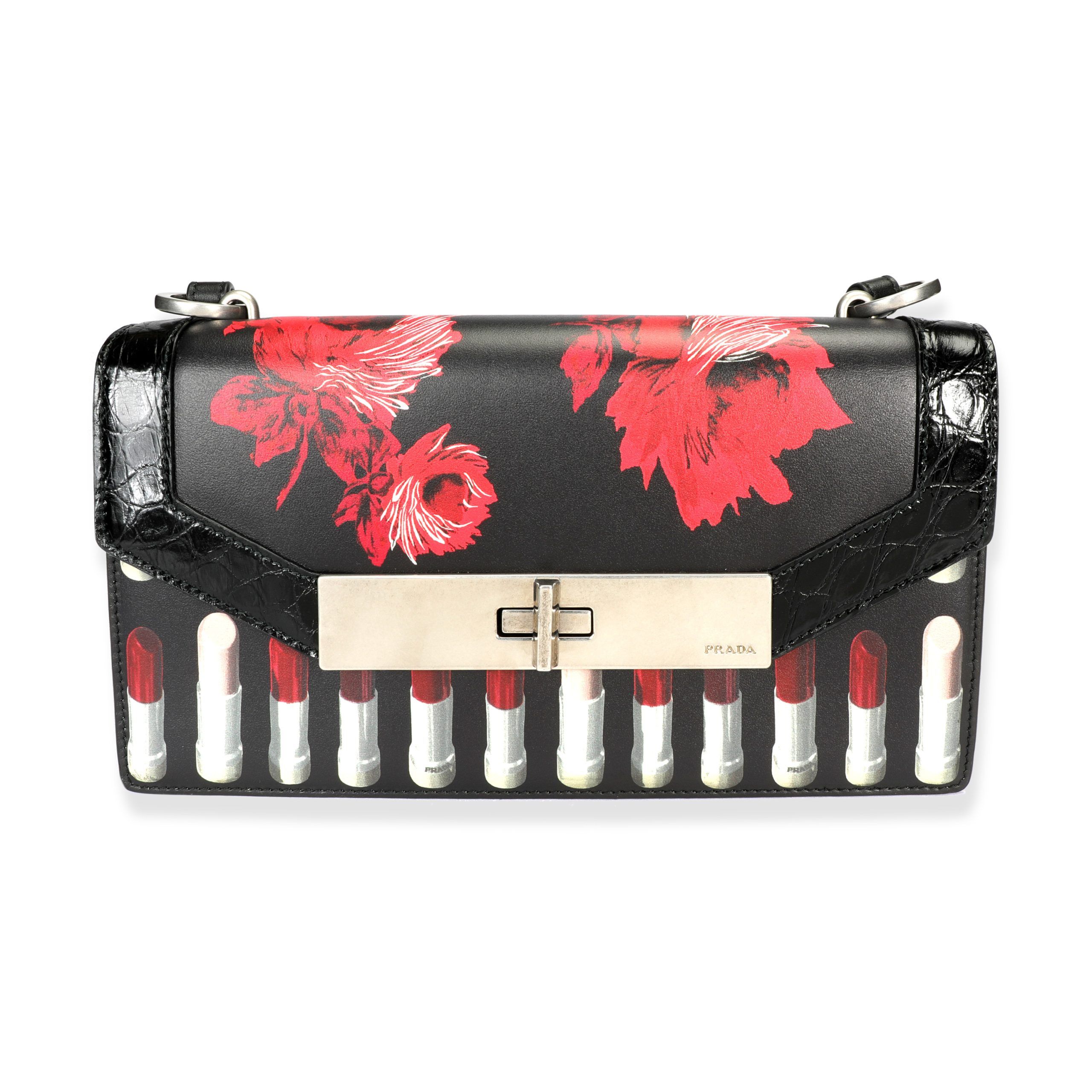 image of Prada Black Floral & Lipstick Print Leather Séverine Bag, Women's